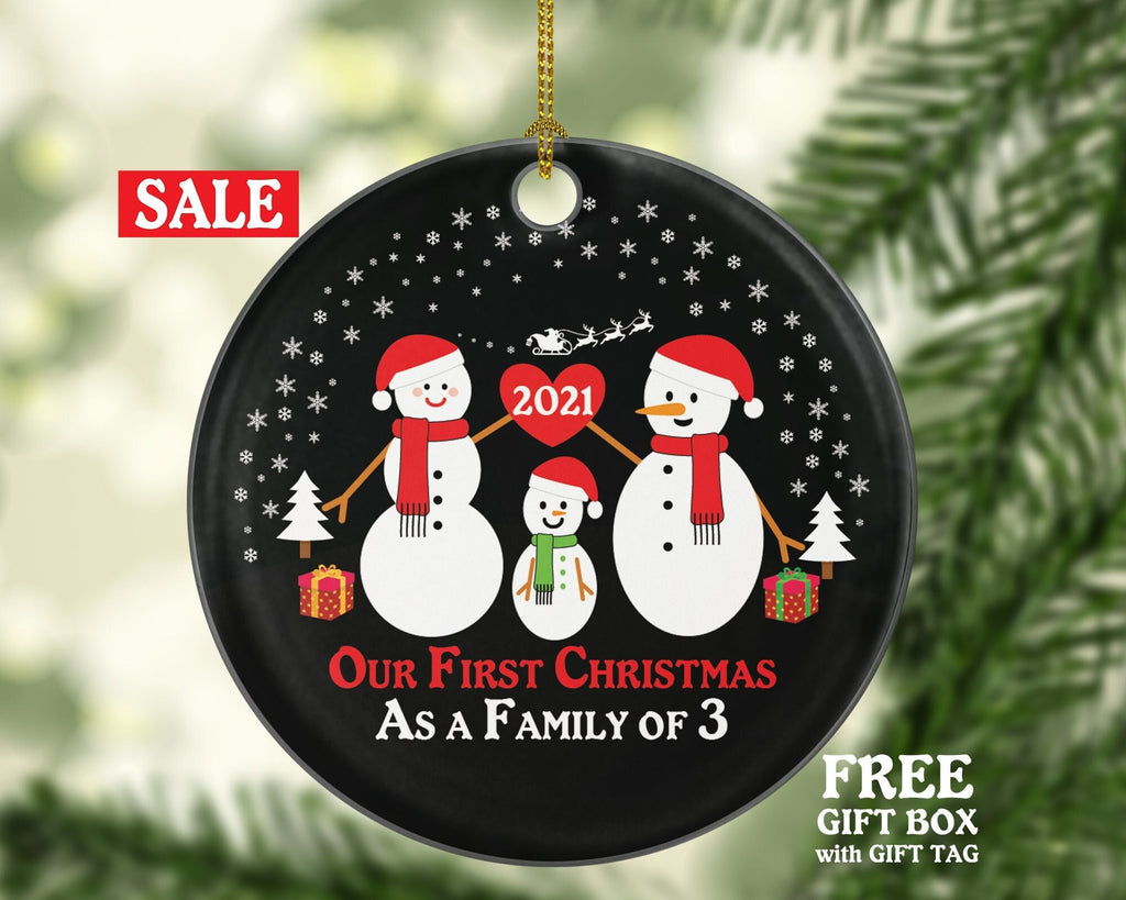 Our First Christmas As A Family Of 3 Three Ornament Baby Announcement New Snowmen Kids Children Mom Dad Mommy Daddy Girl Boy Father Mother
