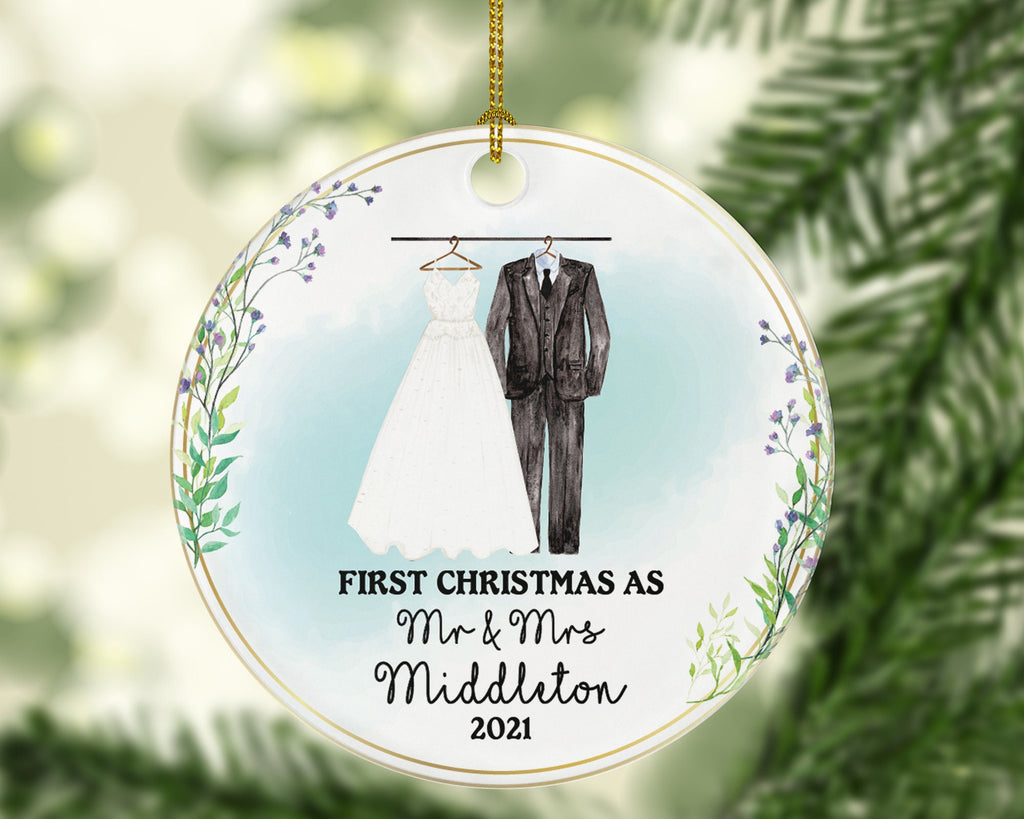First Christmas as Mr & Mrs Wedding Gown Personalized Ornament - Just Married Newlywed Custom Mr. and Mrs. Marriage - Bride Groom Dress