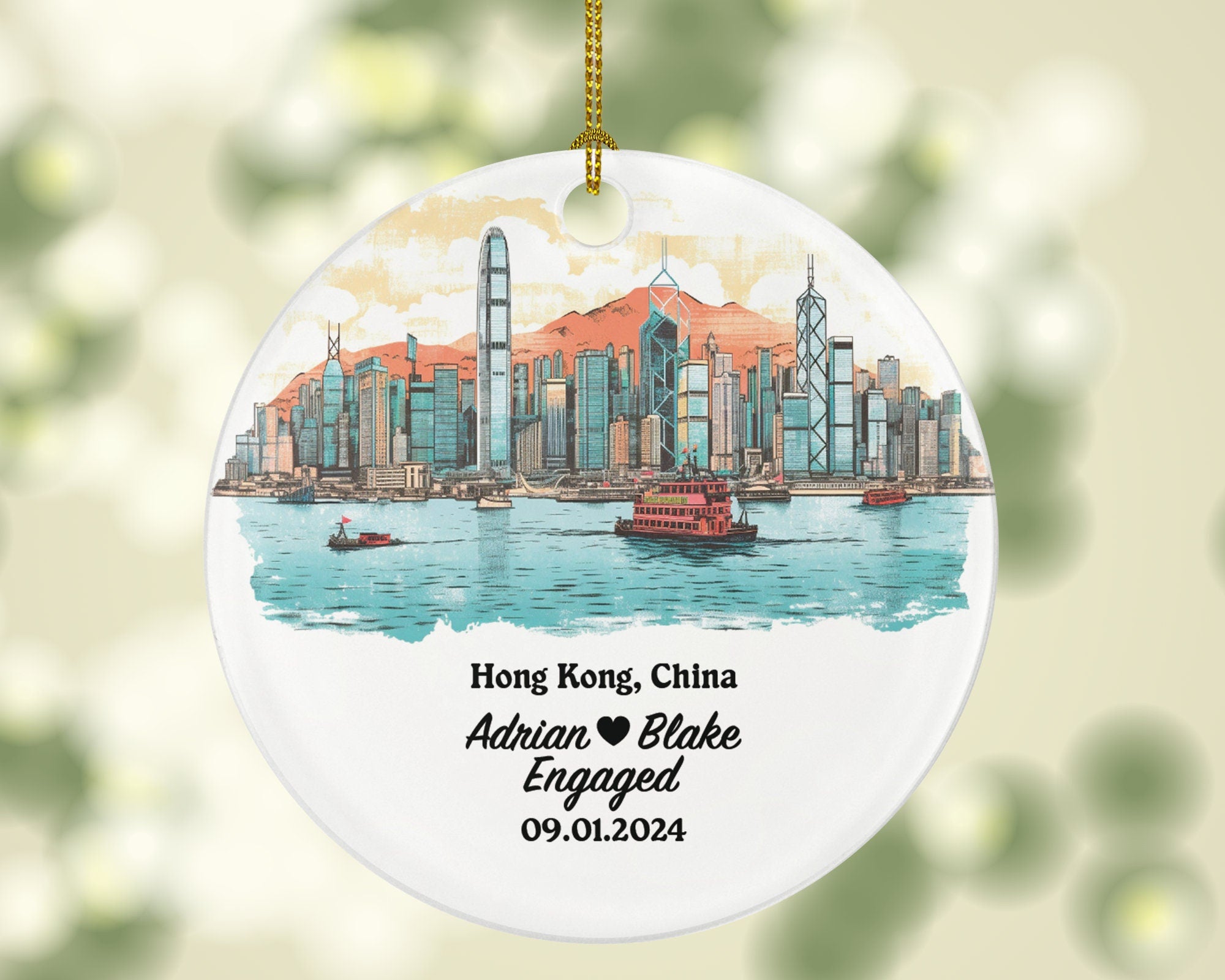 Hong Kong Christmas Ornament Personalized - Engaged Married Family Together Couple Travel Honeymoon Engagement Marriage