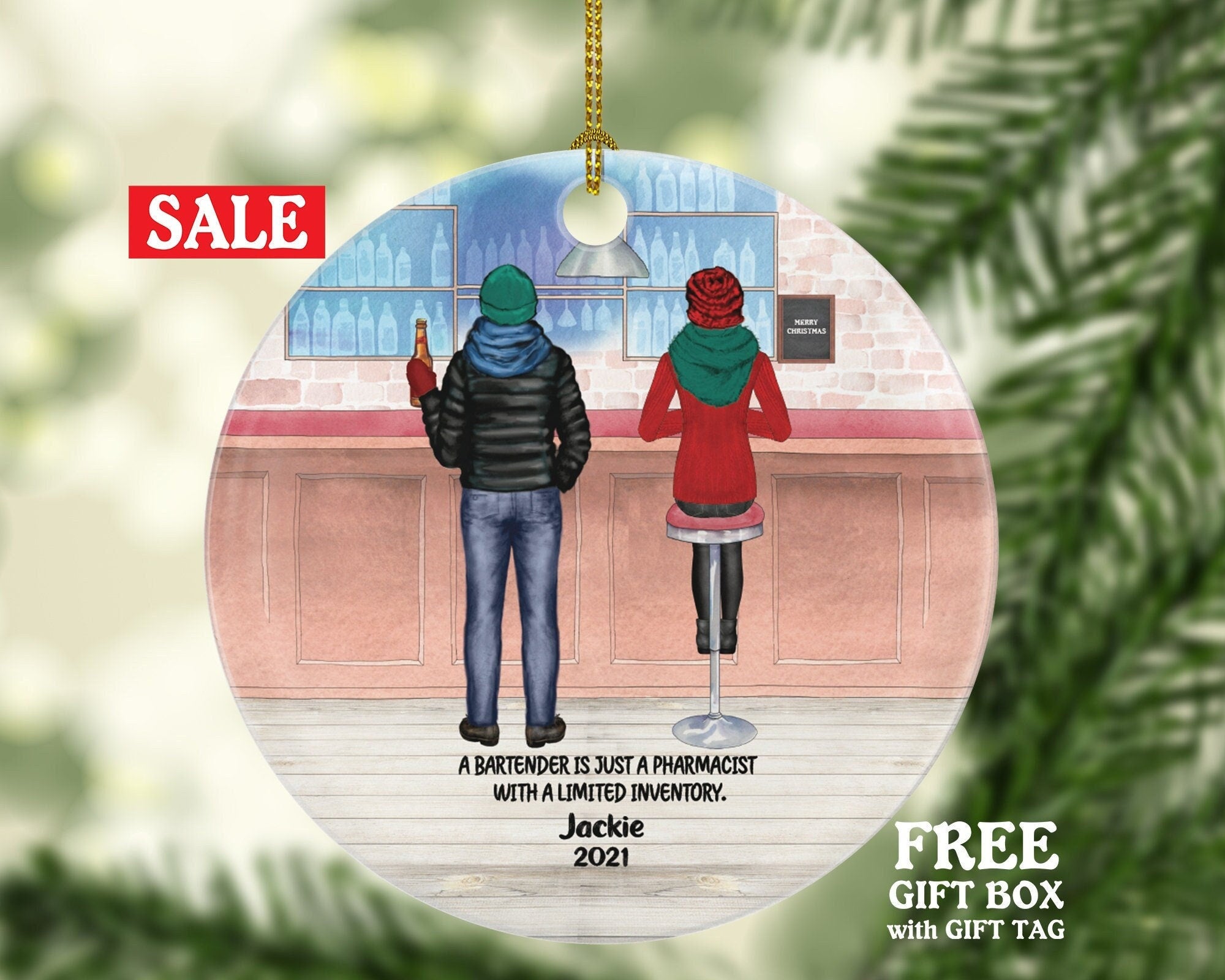 Personalized Bartender Christmas Ornament - Gift for a Bartender Custom Name Boss Employee at the bar Drinking Beer Vodka Lover Drink Server