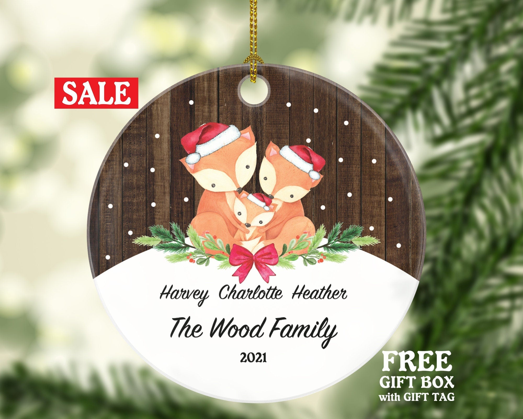 Personalized Family of 3 Christmas Ornament - Custom Names  of Three First Ornament Gift for Fox with Kids Xmas