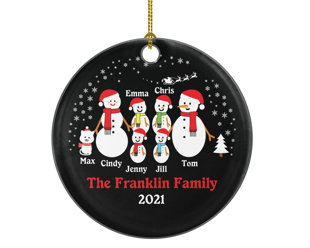 Personalized Family of 6 Christmas Ornaments with Cat Pet, Snowman Family Christmas Ornaments, 6 Snowmen Ornament, Big Family Ornament