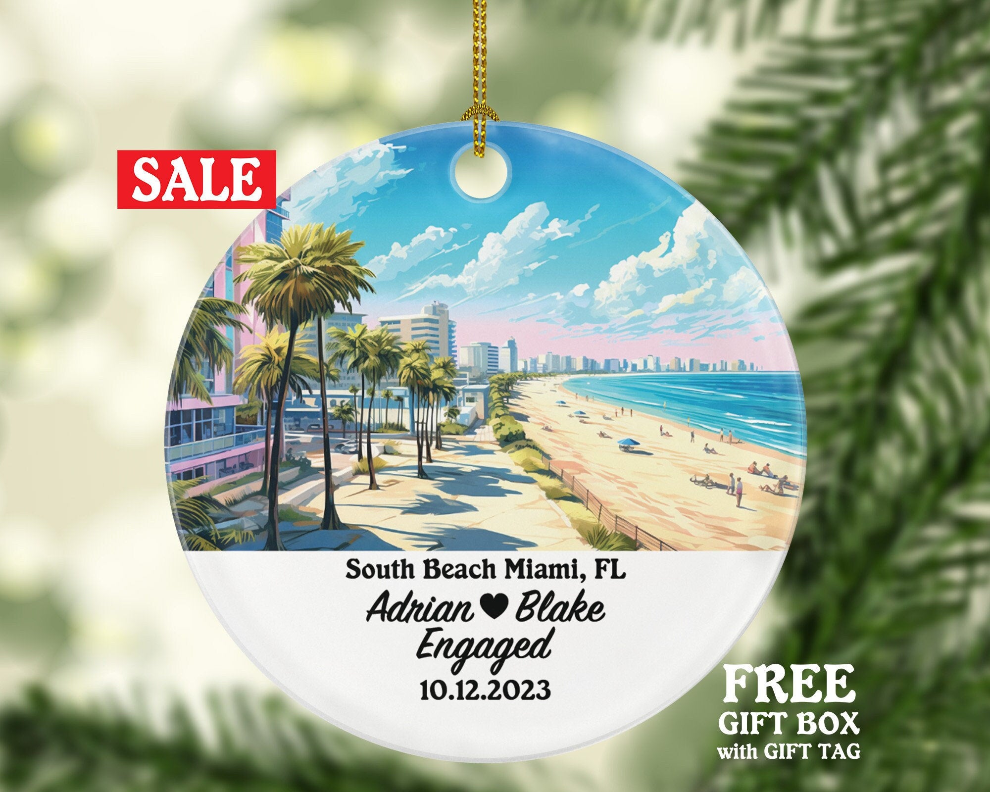 South Beach Miami Florida Christmas Ornament Personalized, FL Engaged Married Family Together Couple Travel Honeymoon Engagement Marriage