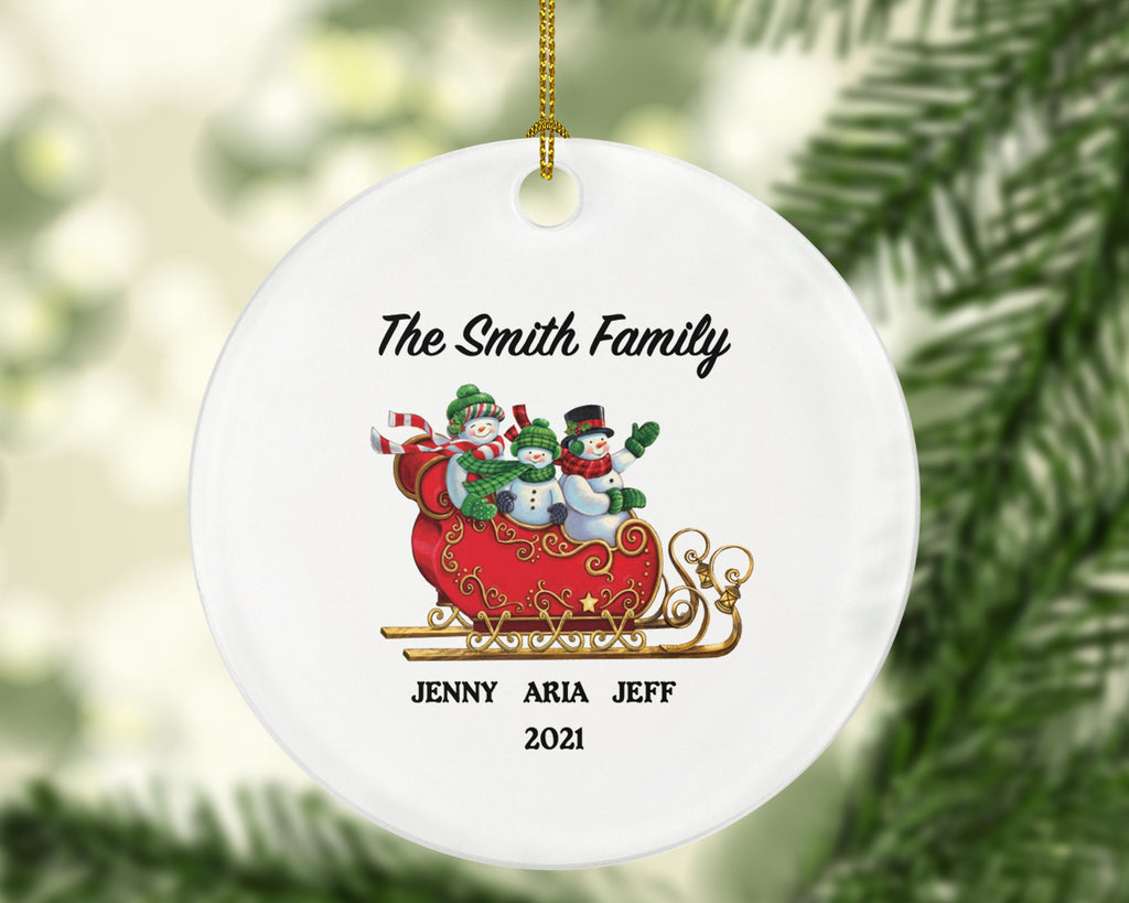 Family of 3 Christmas Ornament Personalized - Parents Mother Father Child Girl Boy Mom Dad Gift - Snowmen Family in Sleigh