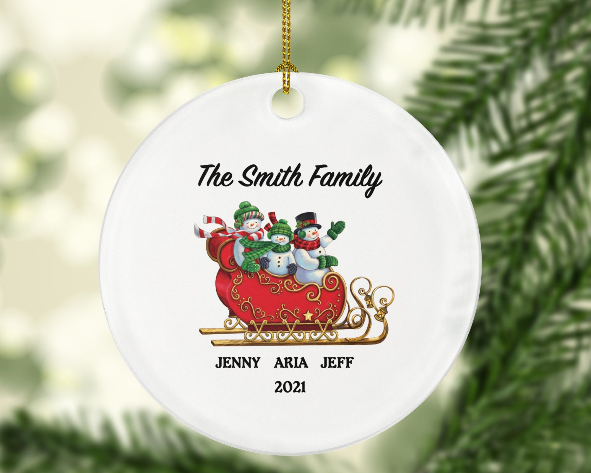 Family of 3 Christmas Ornament Personalized - Parents Mother Father Child Girl Boy Mom Dad Gift - Snowmen Family in Sleigh