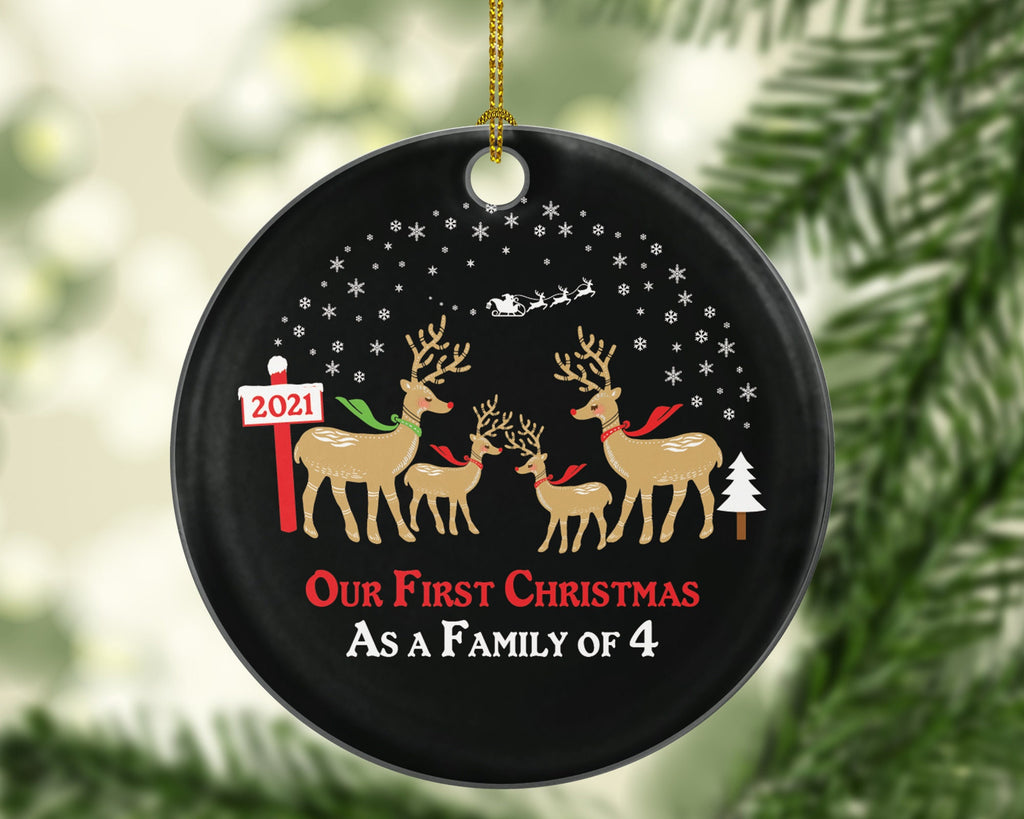 First Christmas As A Family Of 4 Ornament - Four Snow Deer Reindeer Kids Children Mom Dad New Mommy Daddy Baby Girl Boy Father Mother