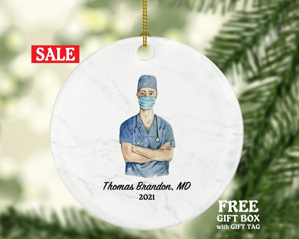 Doctor Male Christmas Ornament Personalized - Medical Doctor Operator Surgeon Health Worker Gift from Patient for Physician Practitioner MD