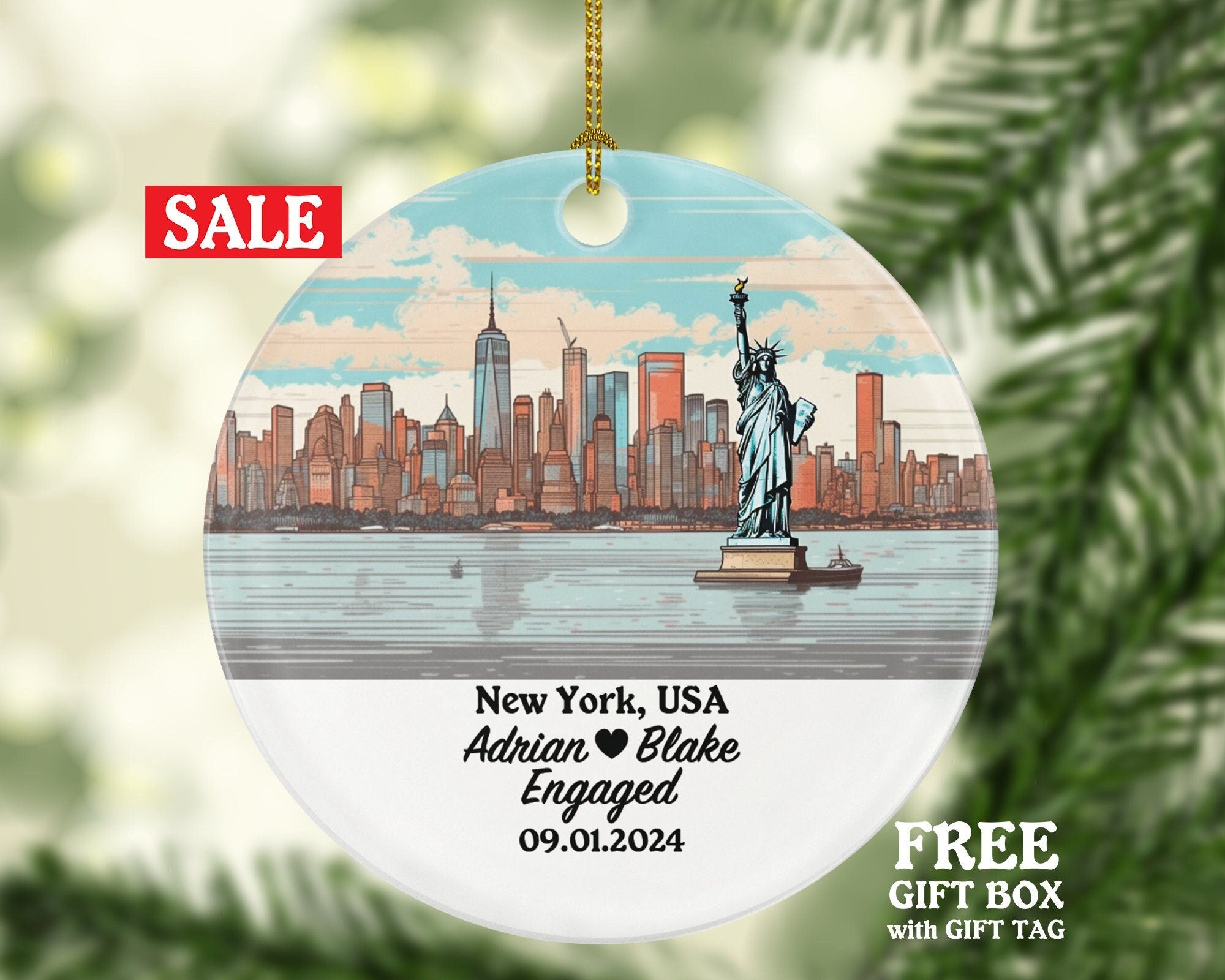 New York Christmas Ornament Personalized - NY Engaged Married Family Together Couple Travel Honeymoon Engagement Marriage