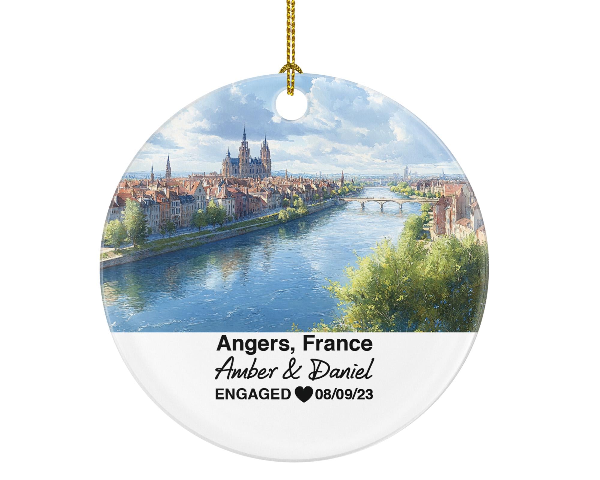Personalized Angers France Christmas Ornament, Château d'Angers, Maine River, Mr & Mrs Wedding, Engagement, or Honeymoon Keepsake to Couples