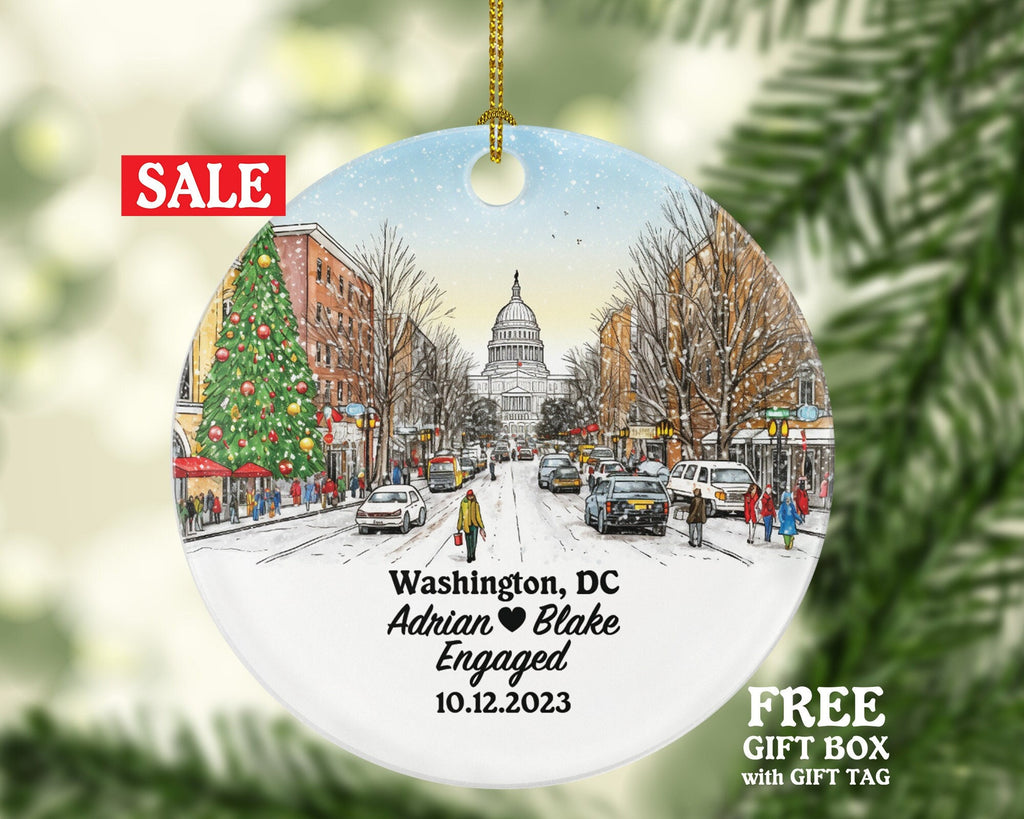 Washington DC Christmas Ornament Personalized - Engaged Married Family Together Couple Travel Honeymoon Wedding Engagement Marriage