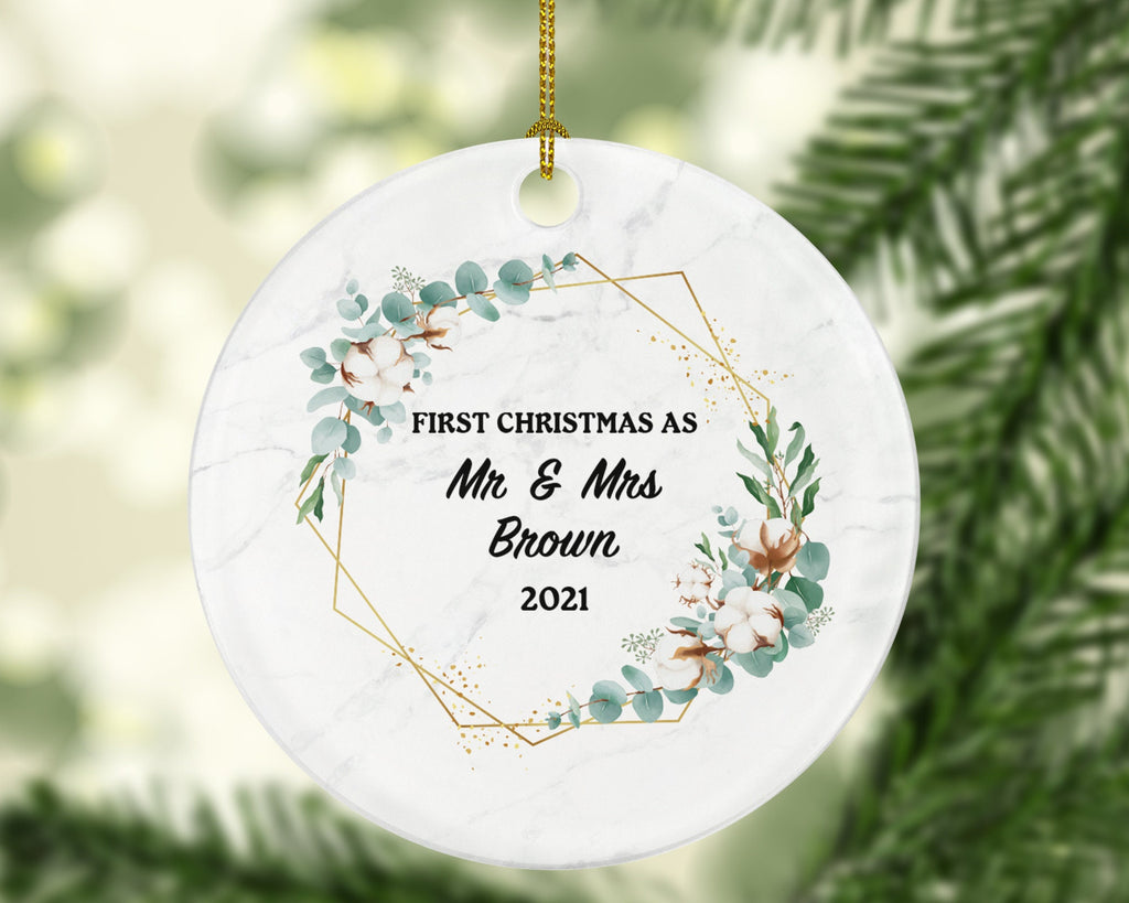 First Christmas as Mr & Mrs Married Couple Christmas Ornament Personalized - Newlywed Christmas First Custom Gift - Greenery