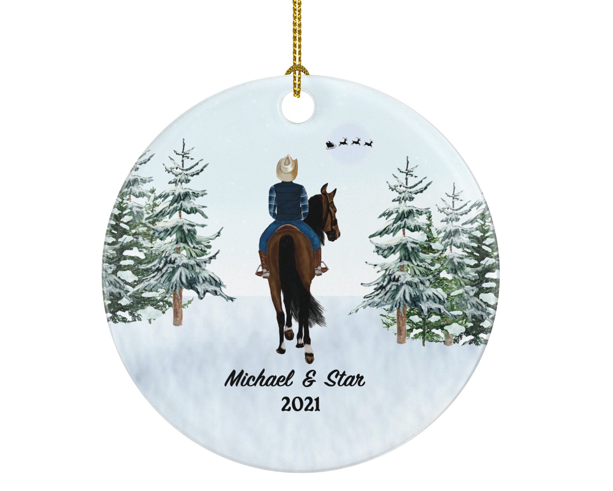 Riding a Horse Rider Christmas Ornament Personalized | Custom Names Horse Lover Gift Boy Male on a Horse