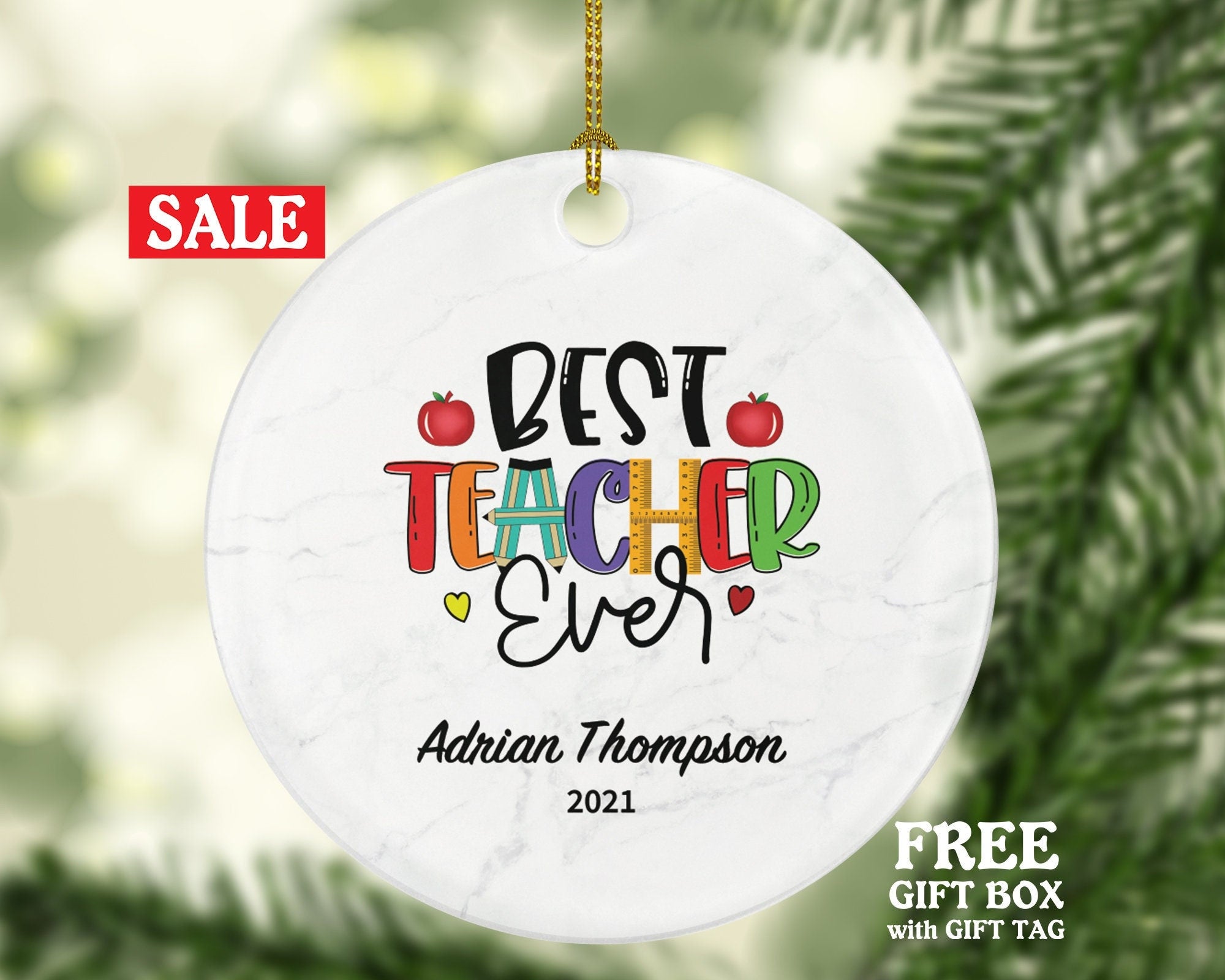 Best Teacher Ever Ornament Personalized - Teacher Custom Gift for from Student appreciation Mr Mrs School Graduate Graduation Mr. Mrs