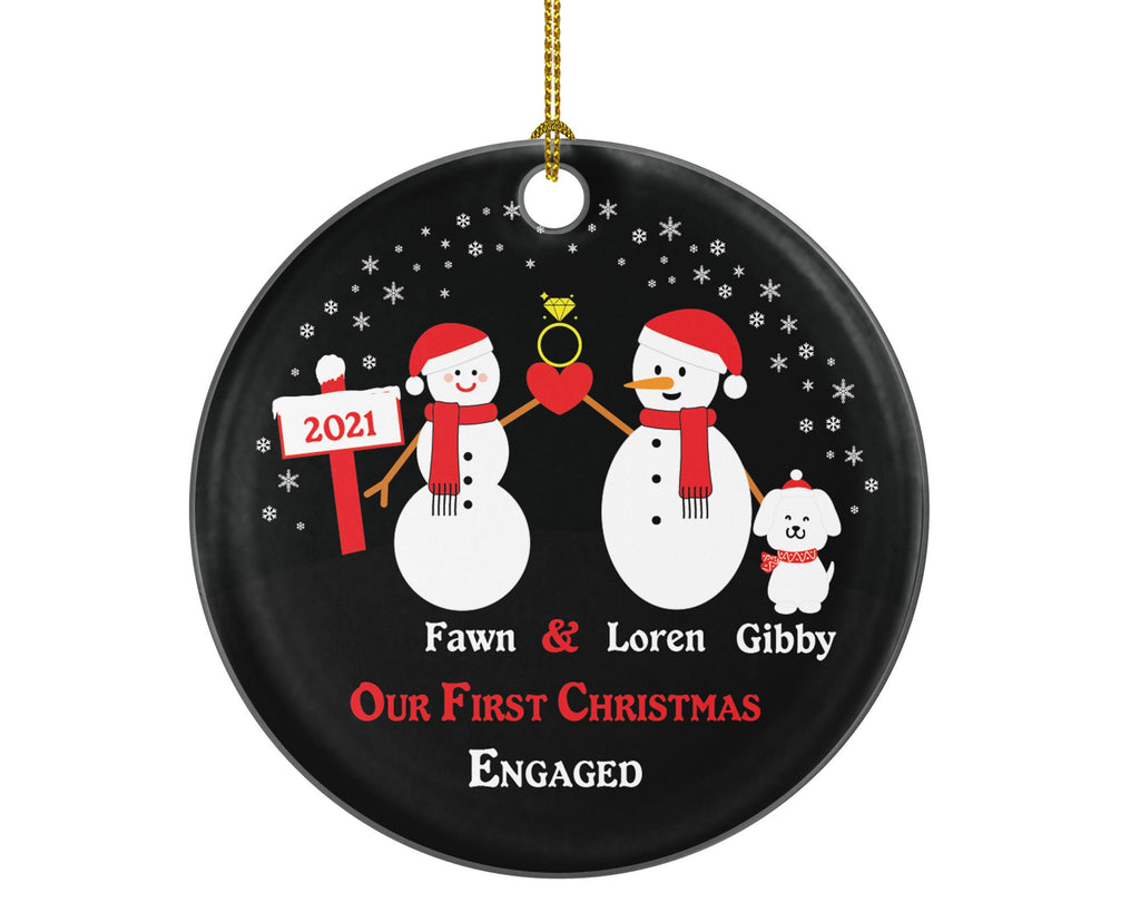 Personalized Engaged Ornament with Dog Pet Fur Family Dad Mom Owner Lover Engagement Ring Snowmen She Said Yes Couple Our First Christmas