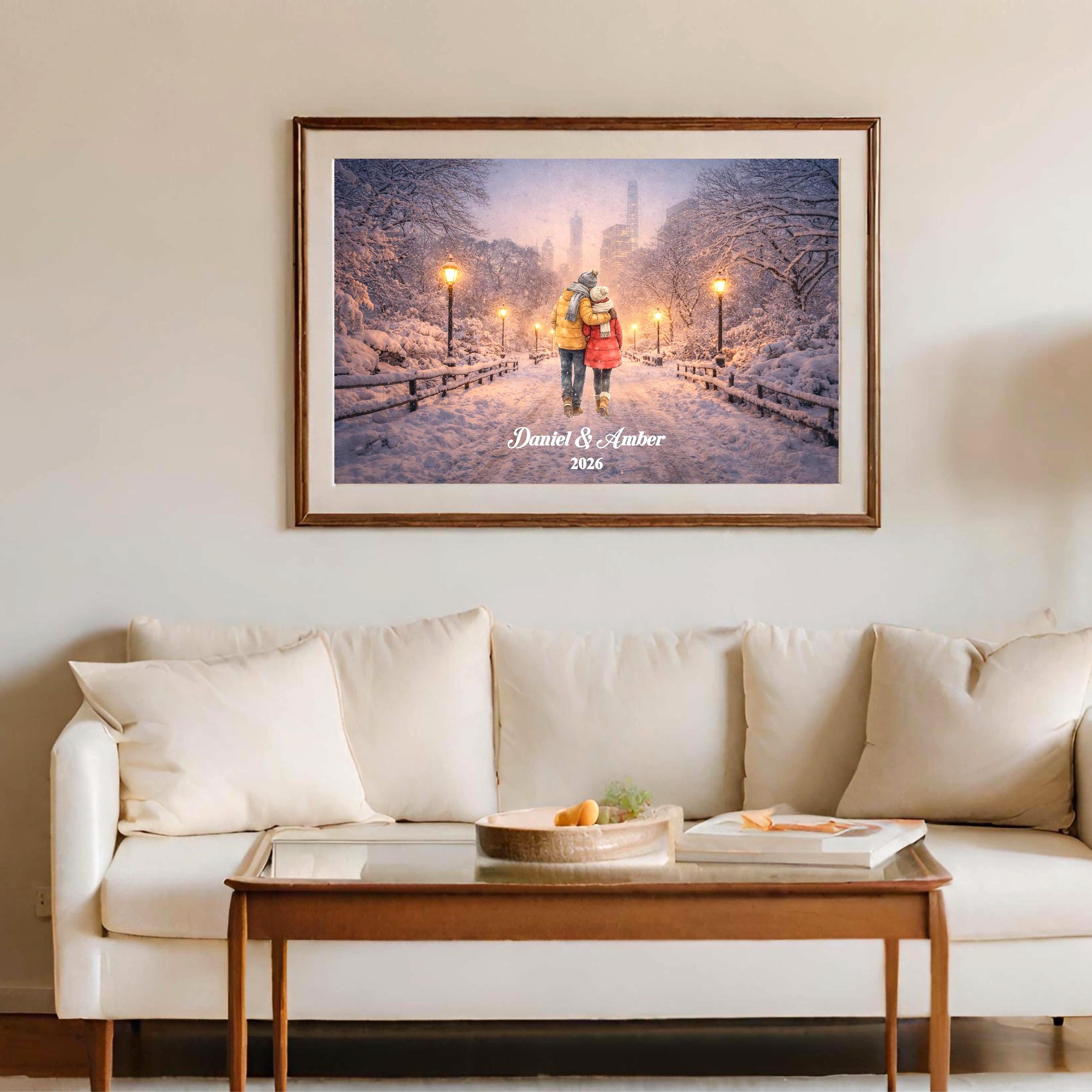 New York City Couple Custom Wall Art | Snowy NYC Scene for Engaged, Married, Mr & Mrs, Anniversary, Travel, Honeymoon | Aluminum Metal Print