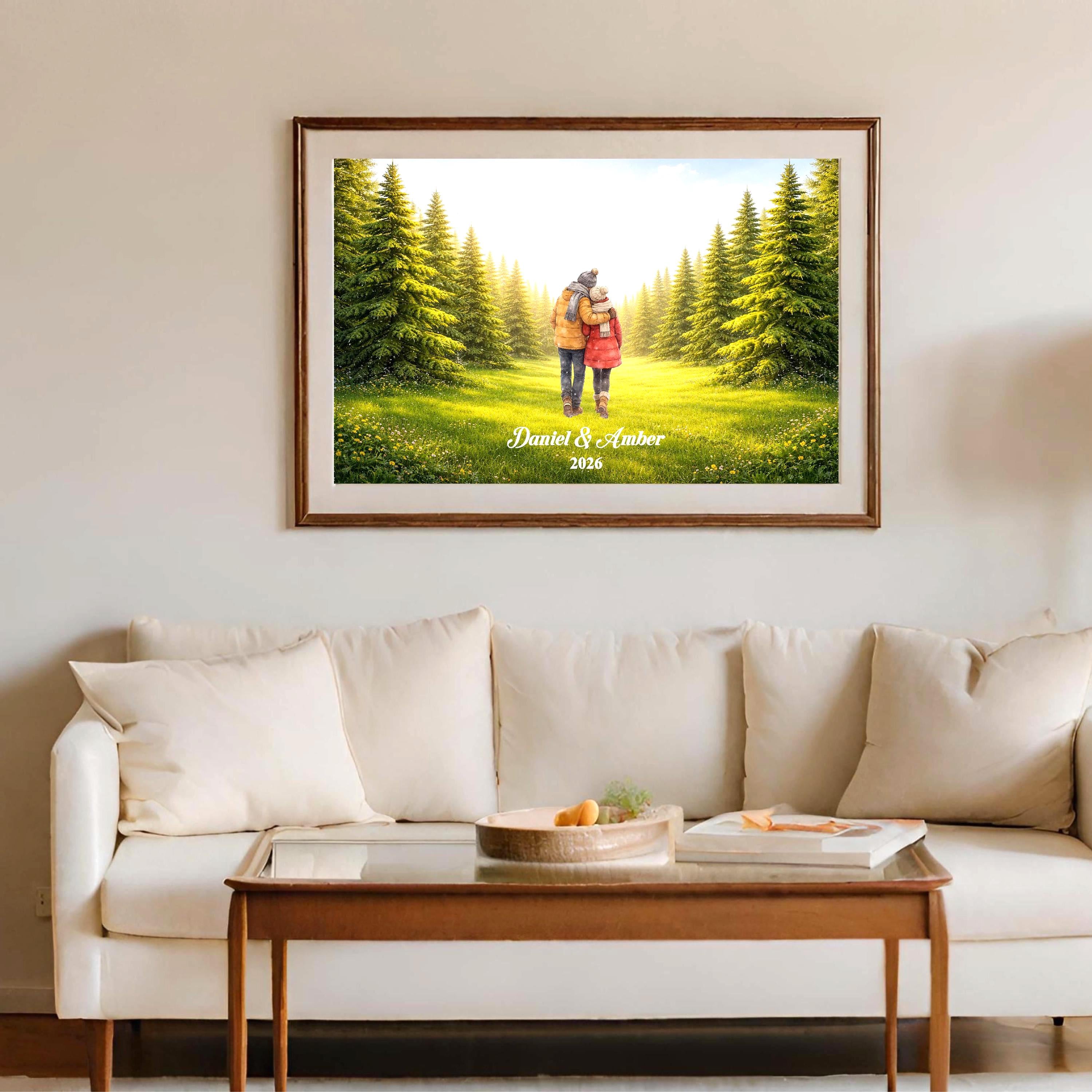 Custom Couple in Forest Wall Art | Green Nature Landscape Print for Engaged, Married, Mr & Mrs, Anniversary | Aluminum Metal Print