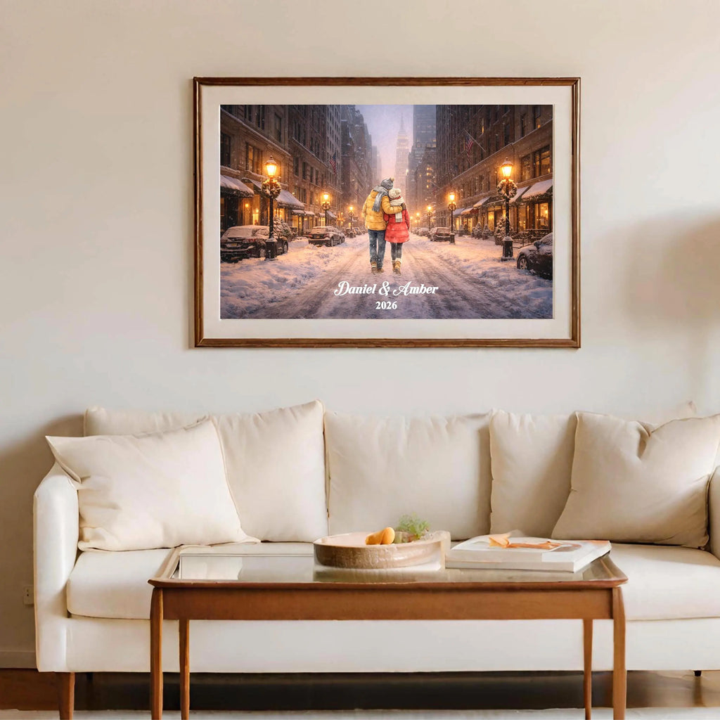 Custom New York City Couple Wall Art | Snowy NYC Scene for Engaged, Married, Mr & Mrs, Anniversary, Travel, Honeymoon | Aluminum Metal Print