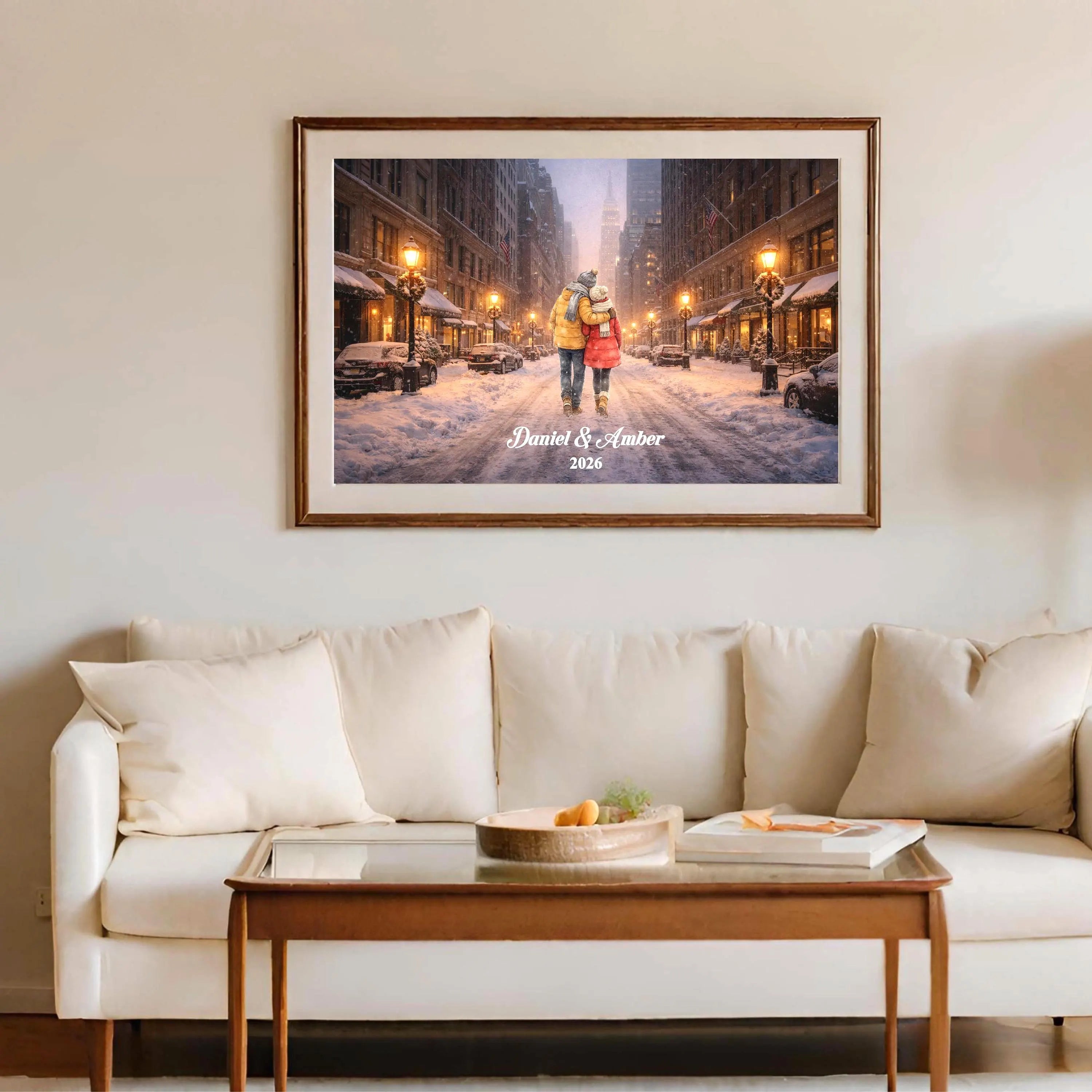 Custom New York City Couple Wall Art | Snowy NYC Scene for Engaged, Married, Mr & Mrs, Anniversary, Travel, Honeymoon | Aluminum Metal Print