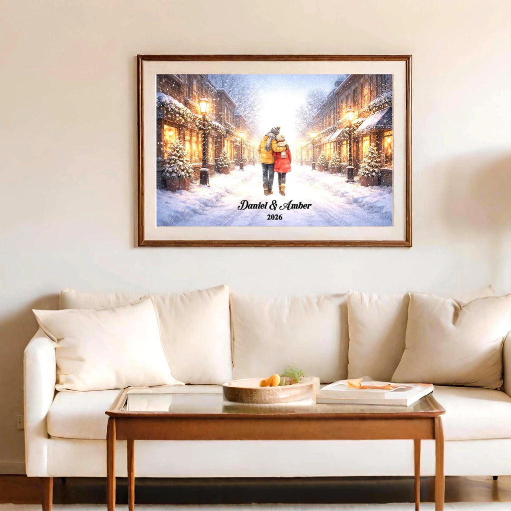 Custom Couple in Snowy City Wall Art | Winter Wall Art for Engaged, Married, Mr & Mrs, Anniversary | Aluminum Metal Print