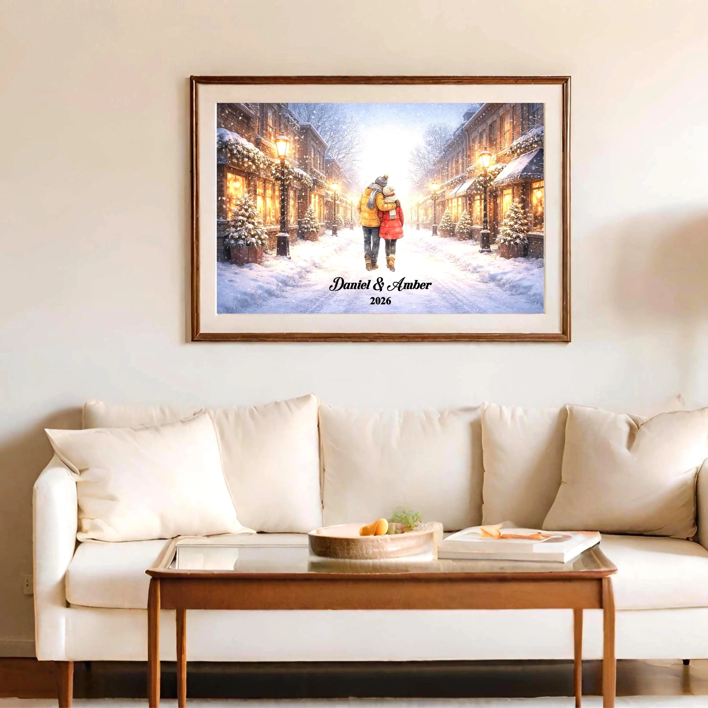 Custom Couple in Snowy City Wall Art | Winter Wall Art for Engaged, Married, Mr & Mrs, Anniversary | Aluminum Metal Print