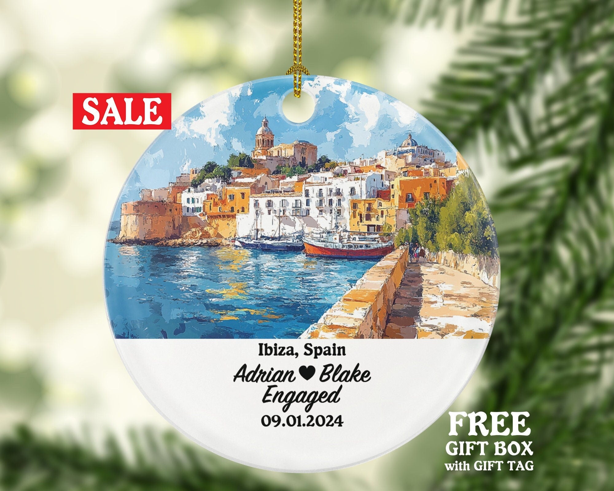 Ibiza Christmas Ornament Personalized - Engaged Married Family Together Couple Travel Honeymoon Engagement Marriage