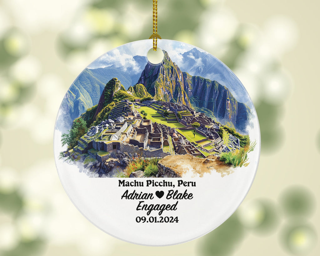 Machu Picchu Christmas Ornament Personalized - Peru Engaged Married Family Together Couple Travel Honeymoon Engagement Marriage