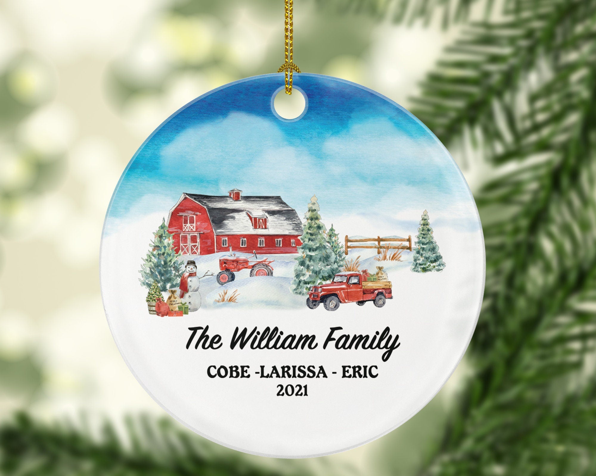 Christmas Red Tractor Barn Farmer Family Ornament Farmhouse Decor Personalized Gift Farmer Home Kids Custom Names Watercolor Ornament Farm