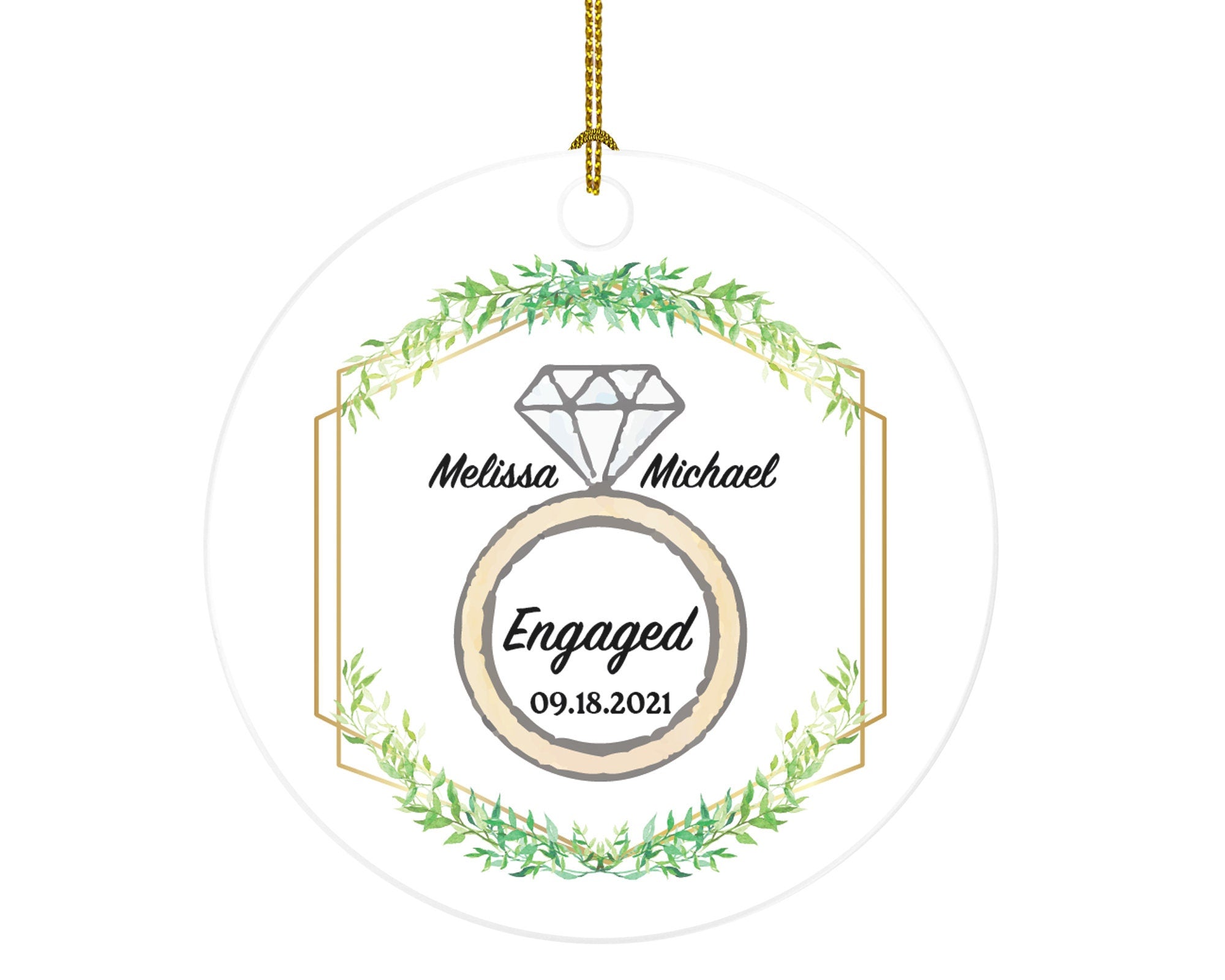 First Christmas Engaged Custom Ornament - Personalized Engagement Announcement Couple Gift - Custom Date Name - Diamond Engagement Ring