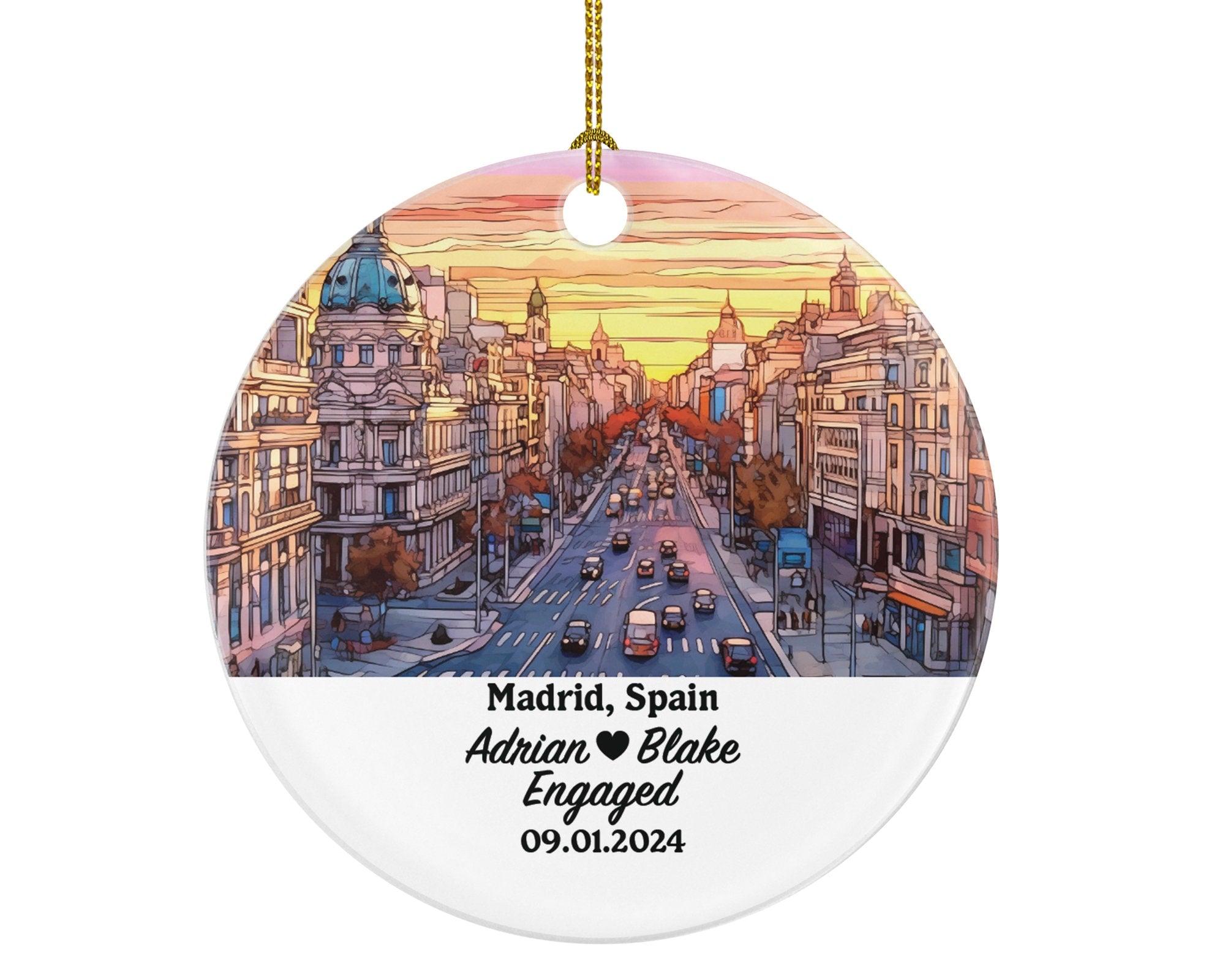 Madrid Christmas Ornament Personalized - Spain Engaged Married Family Together Couple Travel Honeymoon Engagement Marriage
