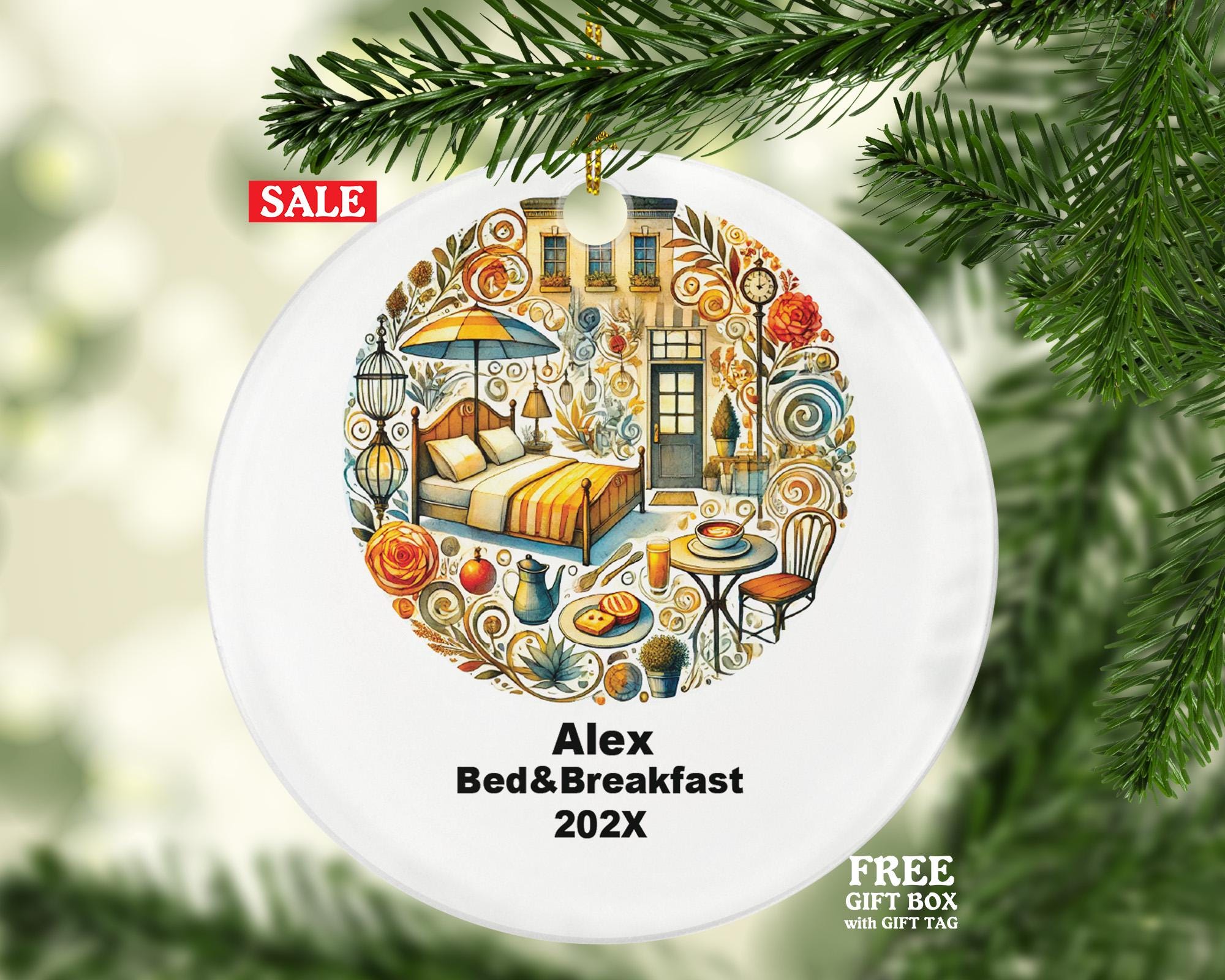 Personalized Bed and Breakfast Ornament – Custom Innkeeper Gift – Hospitality Business Ornament with Name and Year