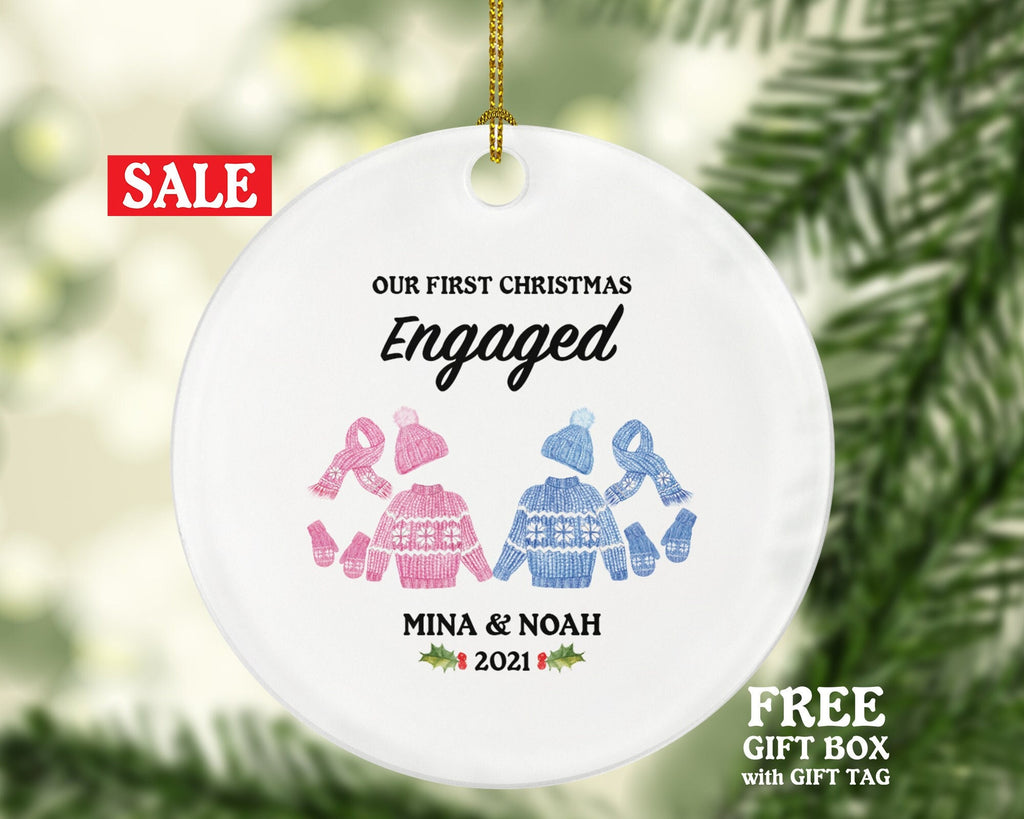 First Christmas Engaged Ornament - Personalized Engagement Announcement - Couple Winter Outfit Gift - Our First Holiday Custom Date and Name
