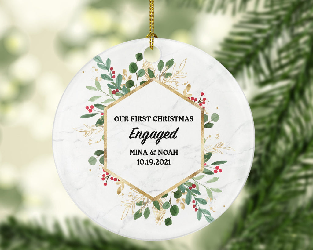 Our First Christmas Engaged Personalized Ornament - Engagement Announcement Couple Gift - Greenery Frame