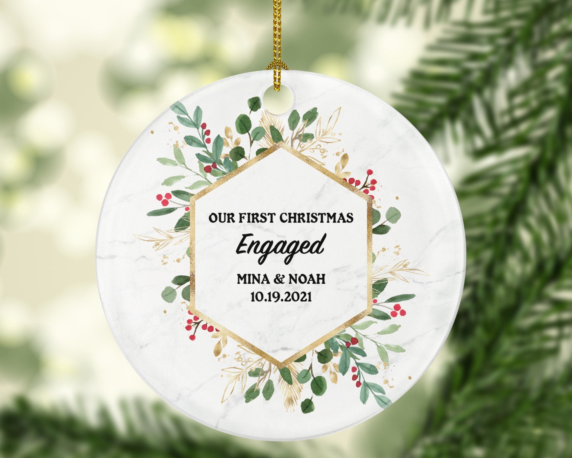 Our First Christmas Engaged Personalized Ornament - Engagement Announcement Couple Gift - Greenery Frame