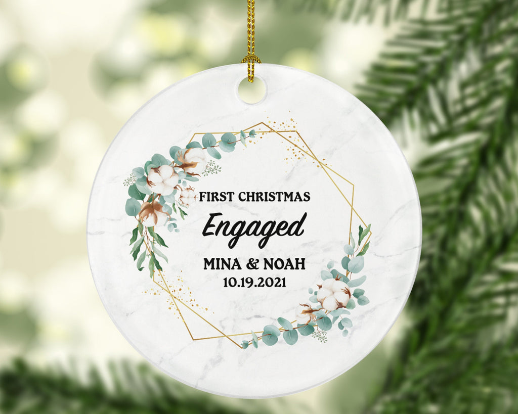 First Christmas Engaged Personalized Ornament - Engagement Announcement Couple Gift - Greenery