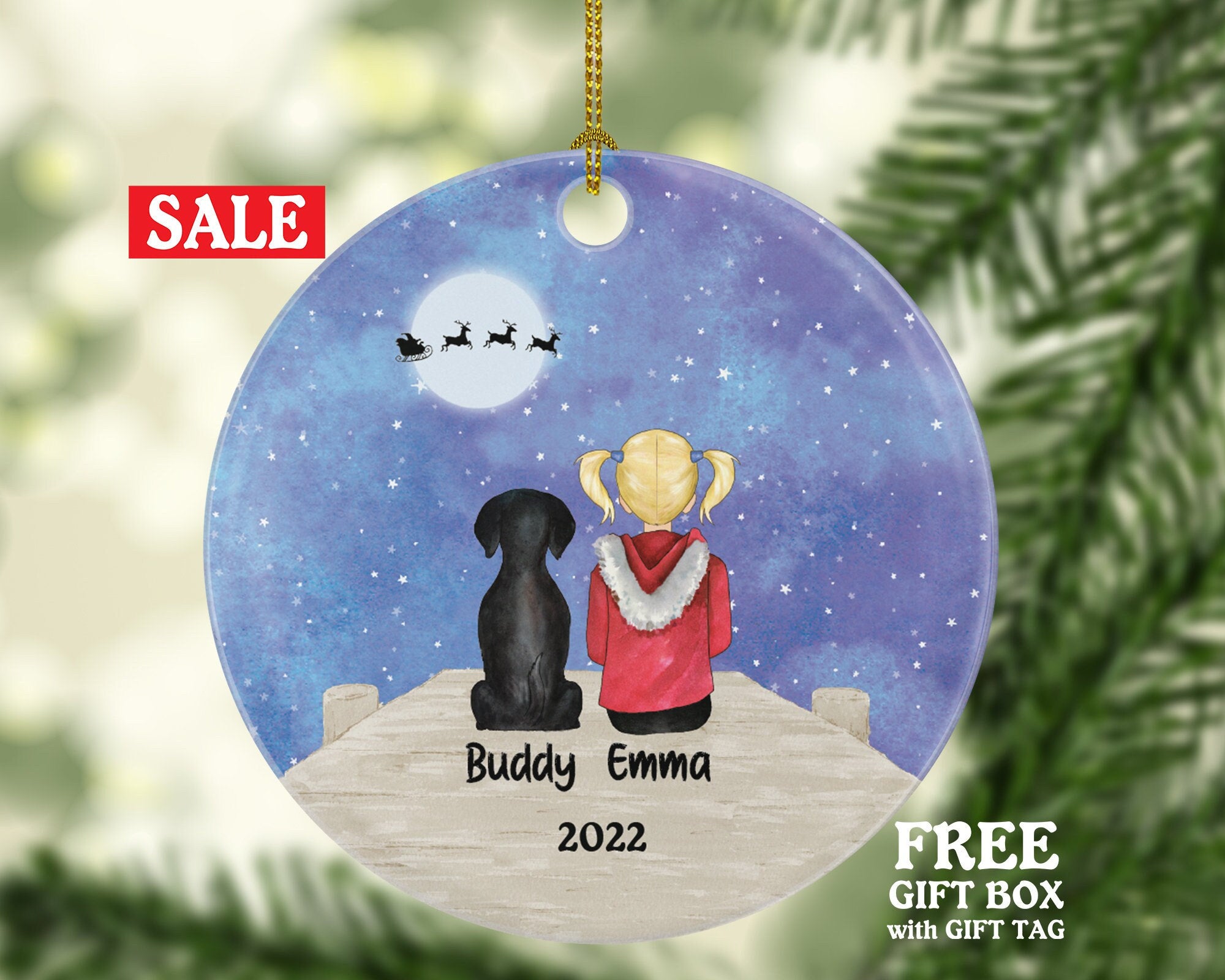 Girl with Dog Cat Pet on the dock Personalized Christmas Ornament Custom Daughter Lover Owner Gift Fur Holiday Rescue Breeds