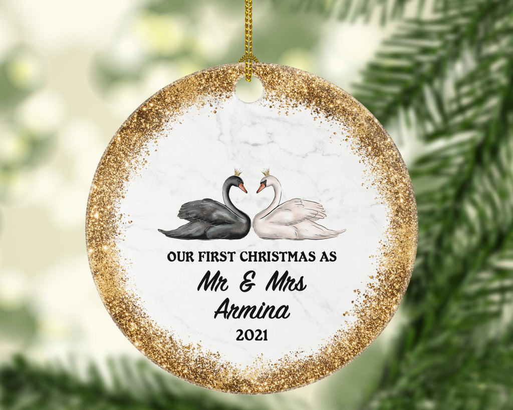 Our First Christmas as Mr & Mrs Married Couple Christmas Ornament Personalized - Newlywed Mr. and Mrs. Gift - Swans - Custom Family Name