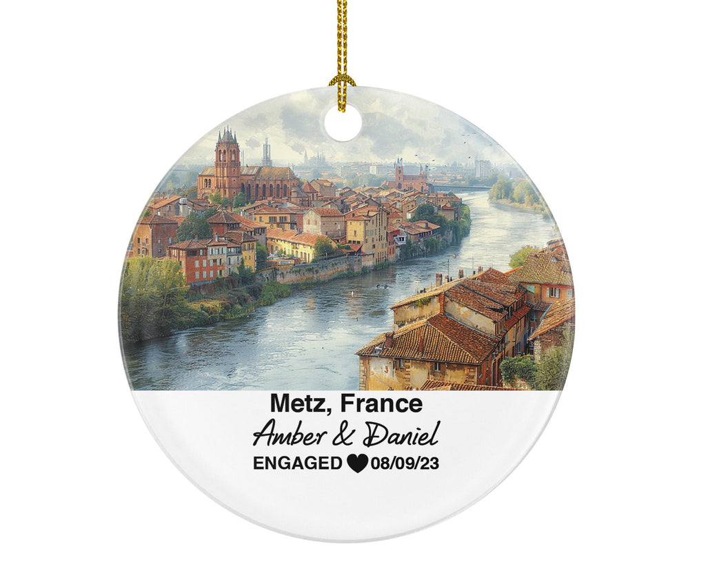 Personalized Metz France Christmas Ornament, Saint-Étienne, Moselle River, Mr & Mrs Wedding, Engagement, or Honeymoon Keepsake for Couples