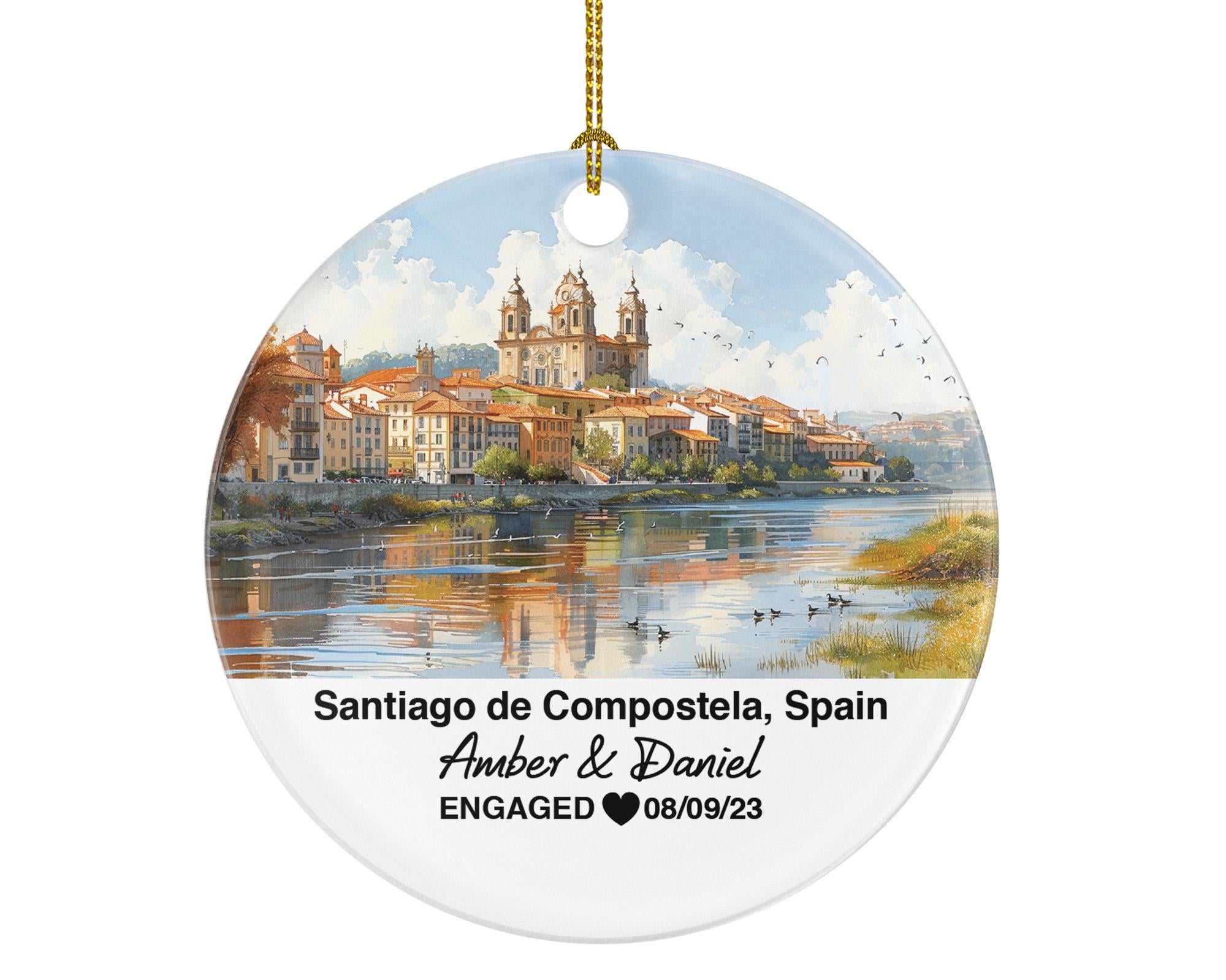 Santiago de Compostela Spain Round Ceramic Christmas Ornament – Personalized Holiday Keepsake, Custom Couple Gift for Wedding or Honeymoon
