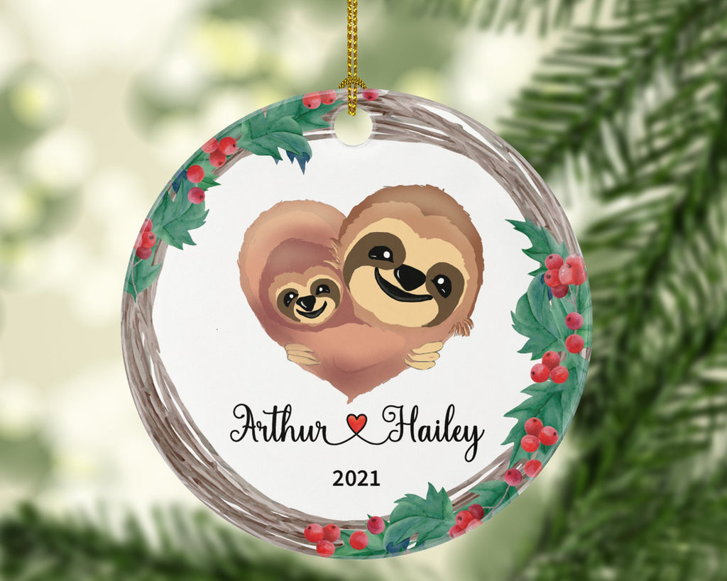 Couple Christmas Ornament Personalized - Valentines Together Lovers - New Sloth Couple Gift Heart - Custom Names and Year