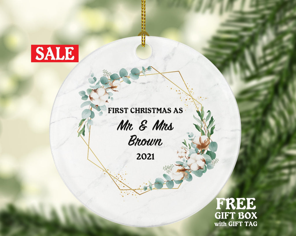 First Christmas as Mr & Mrs Married Couple Christmas Ornament Personalized - Newlywed Christmas First Custom Gift - Greenery