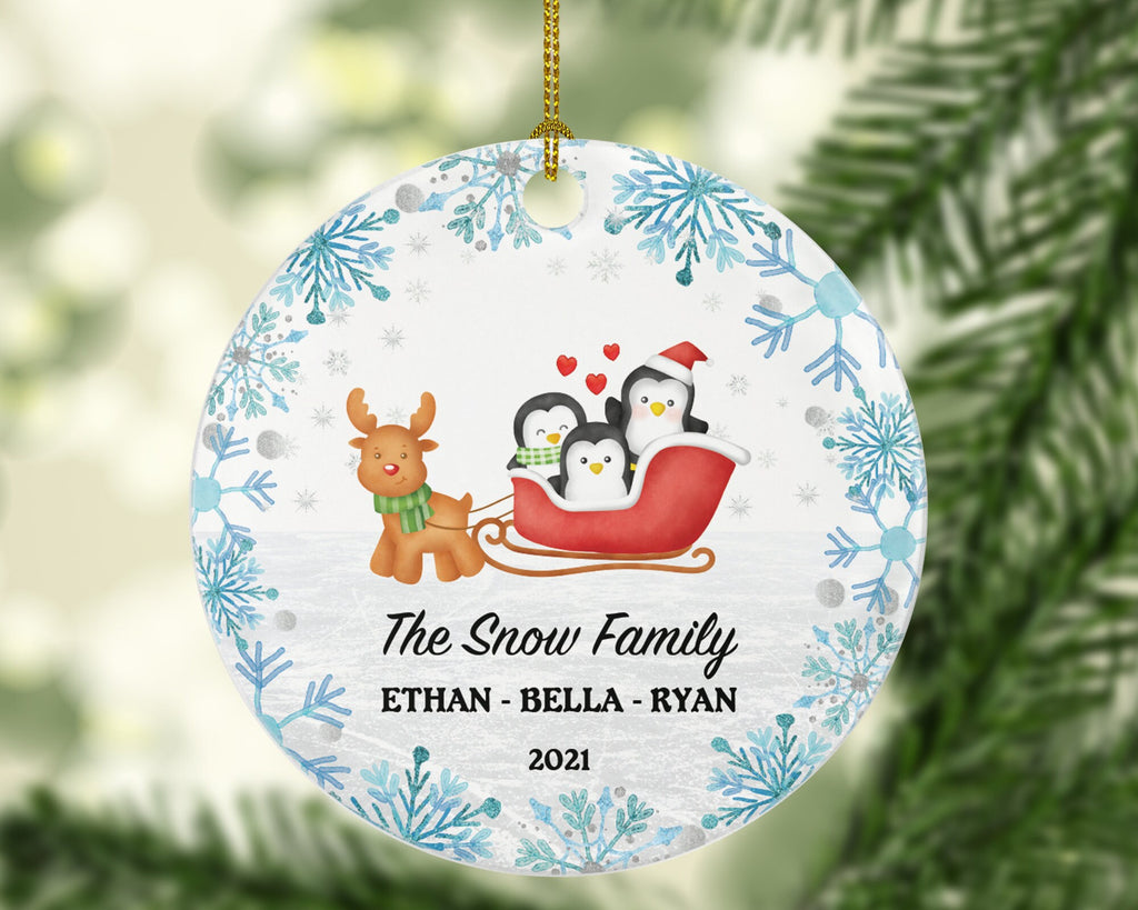 Family of 3 Christmas Ornament Personalized - Parents Mother Father Child Girl Boy Mom Dad Gift - Penguin Arctic Family in The Sleigh on Ice