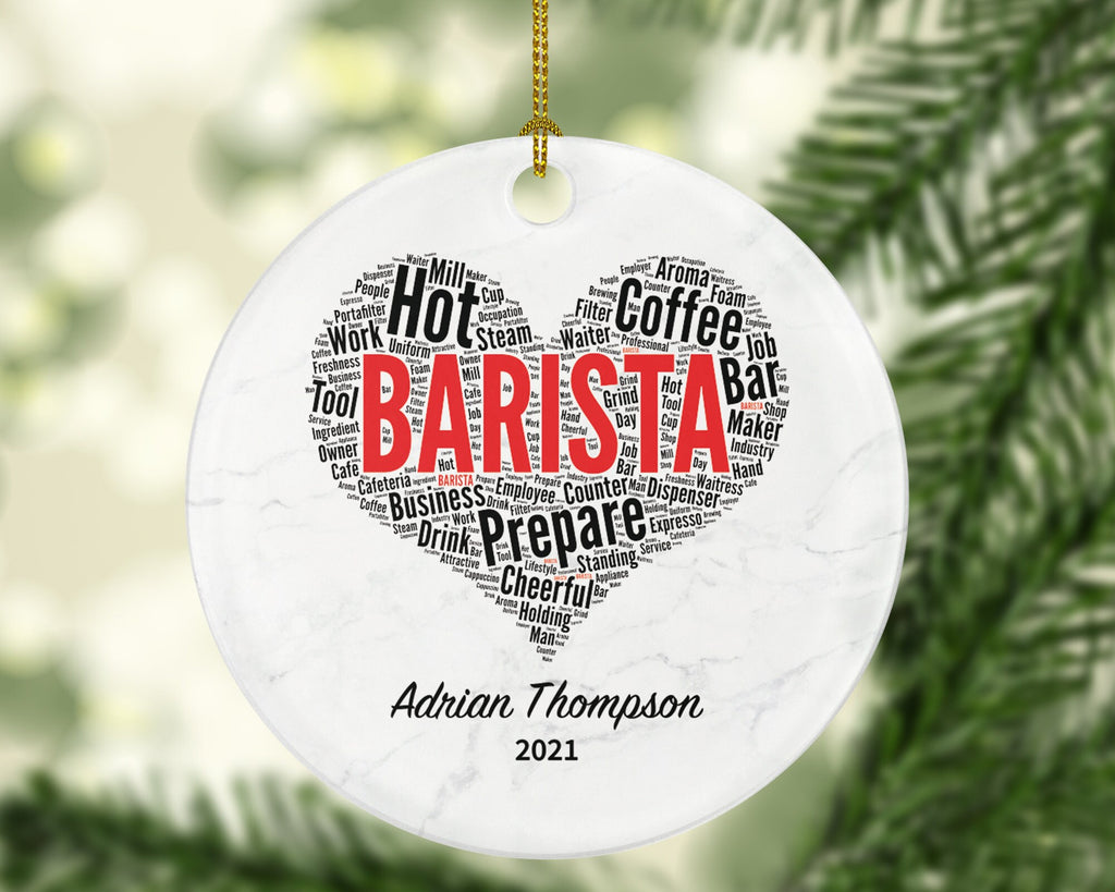 Barista Christmas Ornament Personalized - Coffee Machine Gift for Barista Custom Name Boss Employee Coffee Lover Watercolor Coffee Cup Xmas