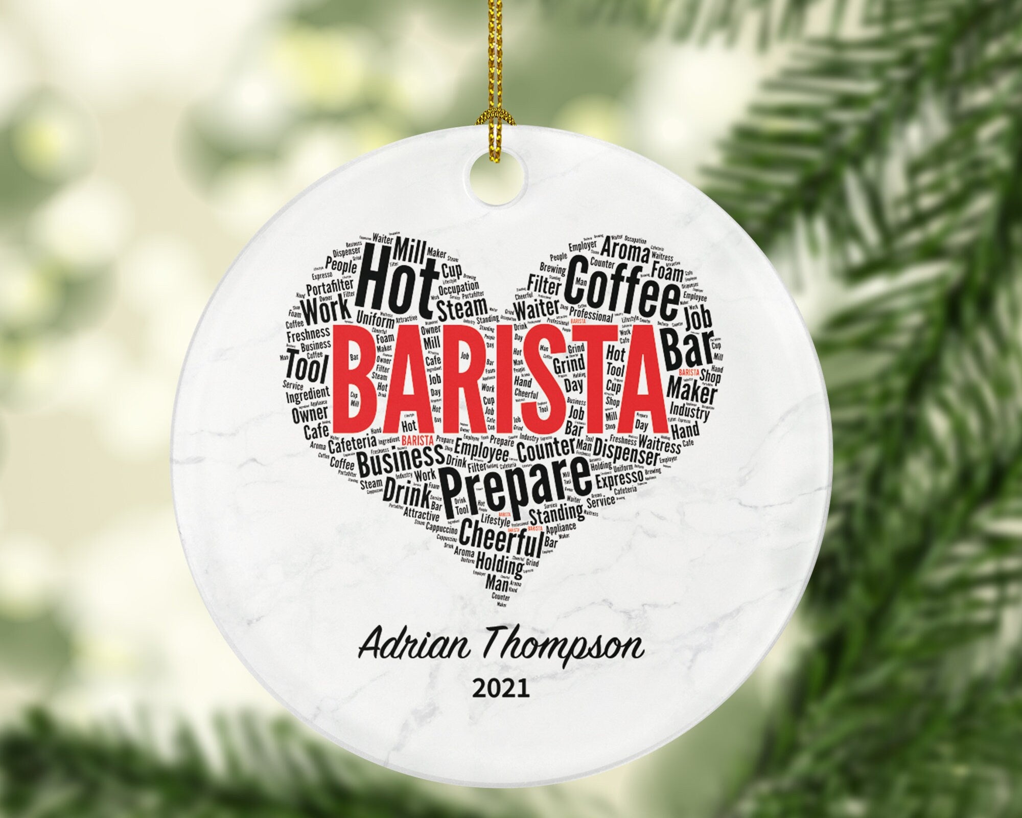 Barista Christmas Ornament Personalized - Coffee Machine Gift for Barista Custom Name Boss Employee Coffee Lover Watercolor Coffee Cup Xmas