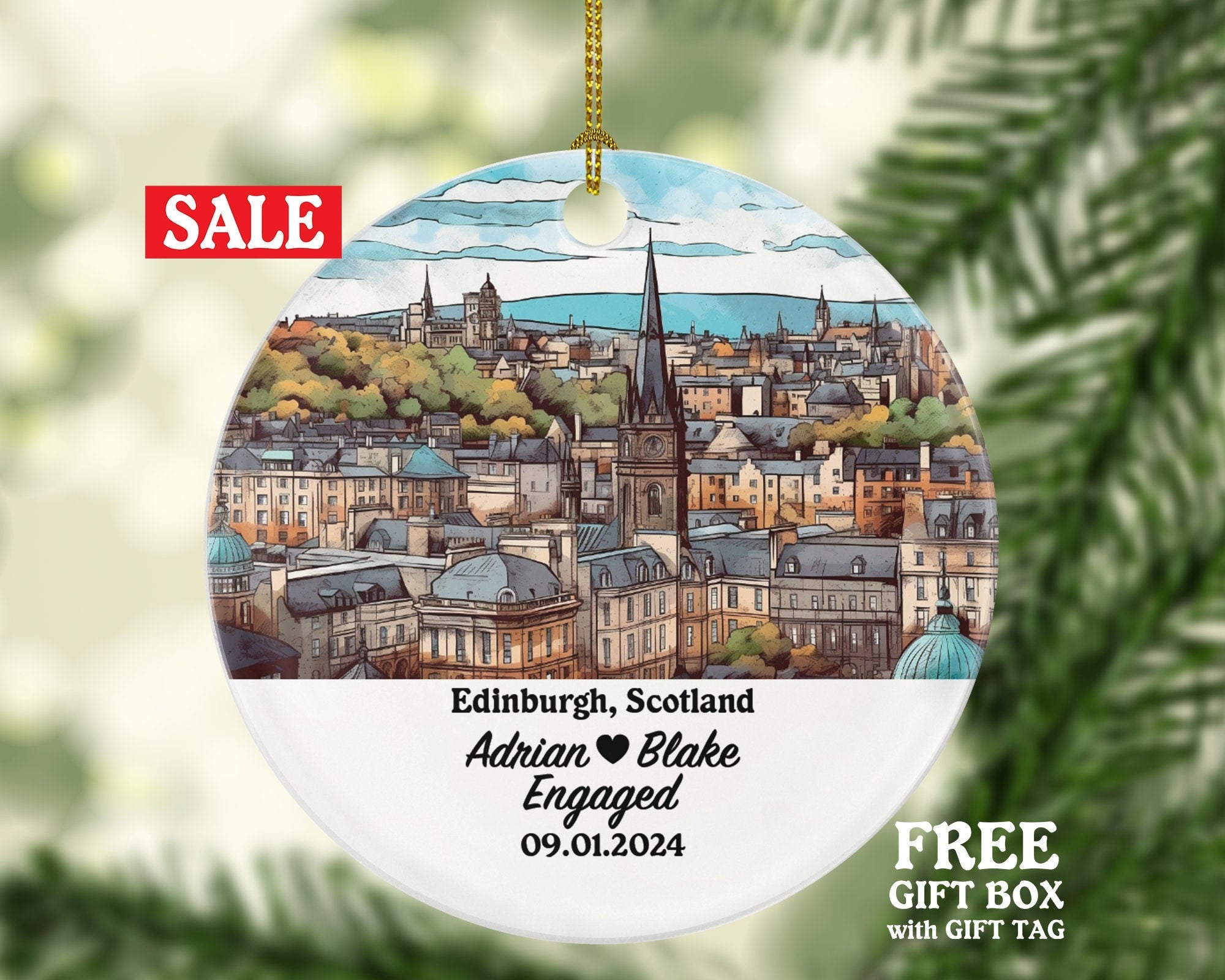 Edinburgh Christmas Ornament Personalized - Scotland Engaged Married Family Together Couple Travel Honeymoon Engagement Marriage