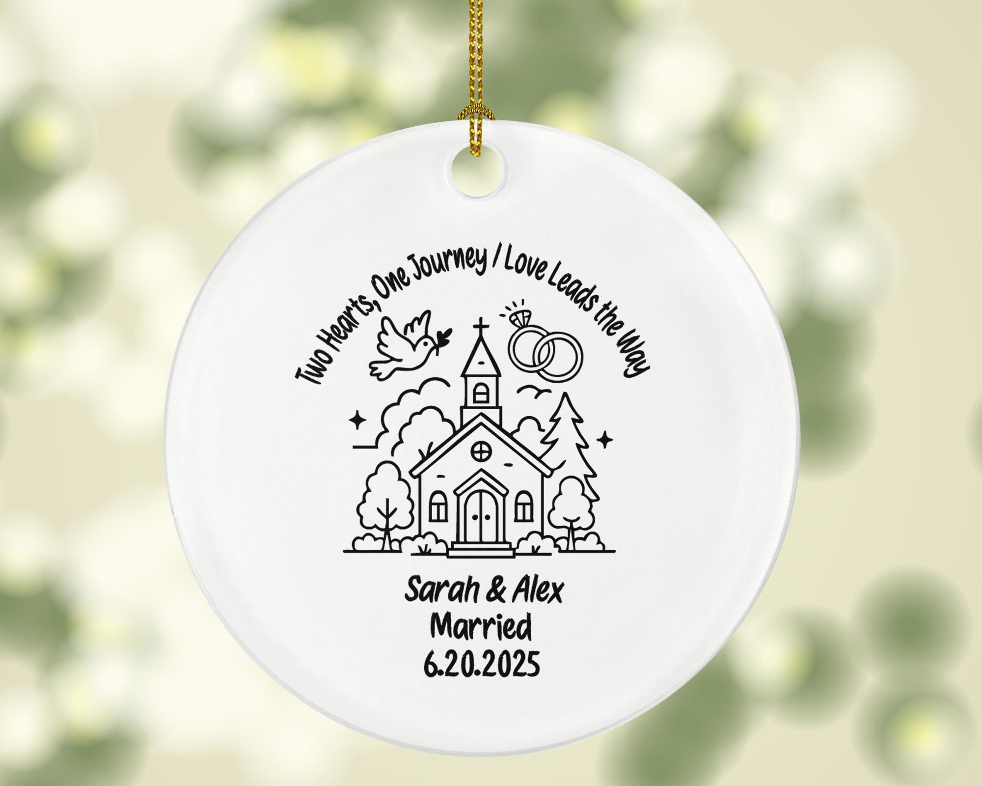 Minimalist Line Art Wedding Ornament – Personalized Married Couple Gift, Chapel Church Illustration, Custom Names & Date Keepsake