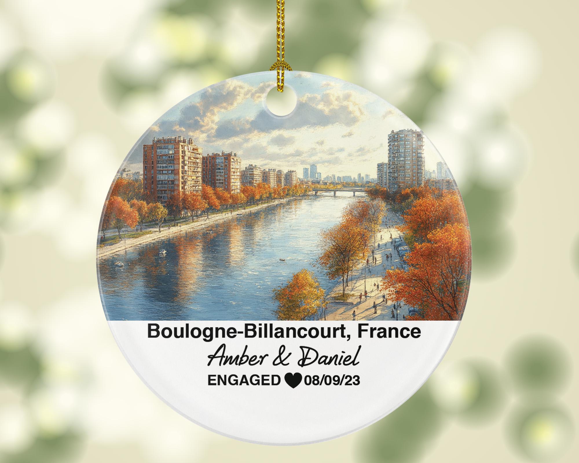 Personalized Boulogne-Billancourt France Christmas Ornament, Seine River, Mr & Mrs Wedding, Engagement, or Honeymoon Keepsake for Couples