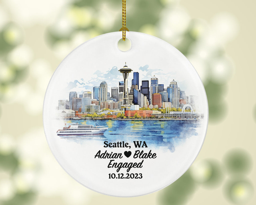 Seattle Washington Christmas Ornament Personalized, WA Engaged Married Family Together Couple Travel Honeymoon Wedding Engagement Marriage