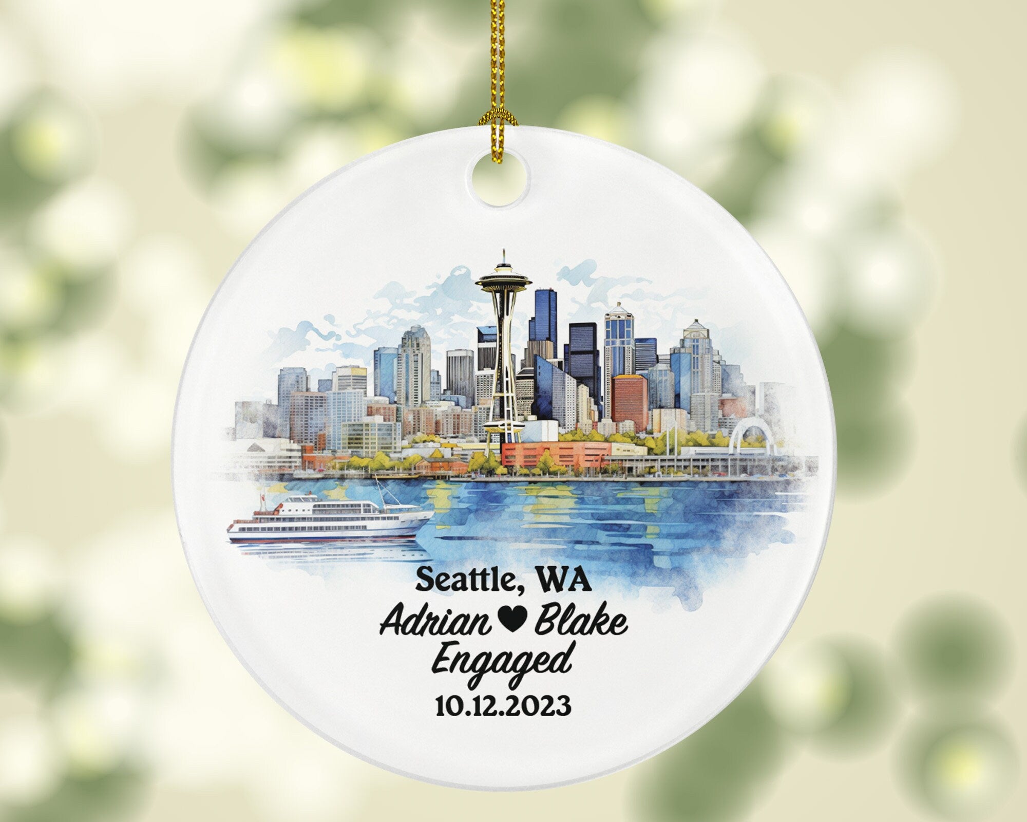 Seattle Washington Christmas Ornament Personalized, WA Engaged Married Family Together Couple Travel Honeymoon Wedding Engagement Marriage
