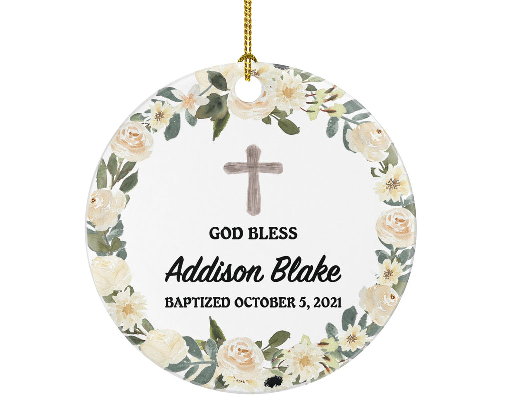 Baptism Ornament God Bless Baby Personalized Gift for Baptize Rustic Baptism Custom Christmas - White Flowers Greenery