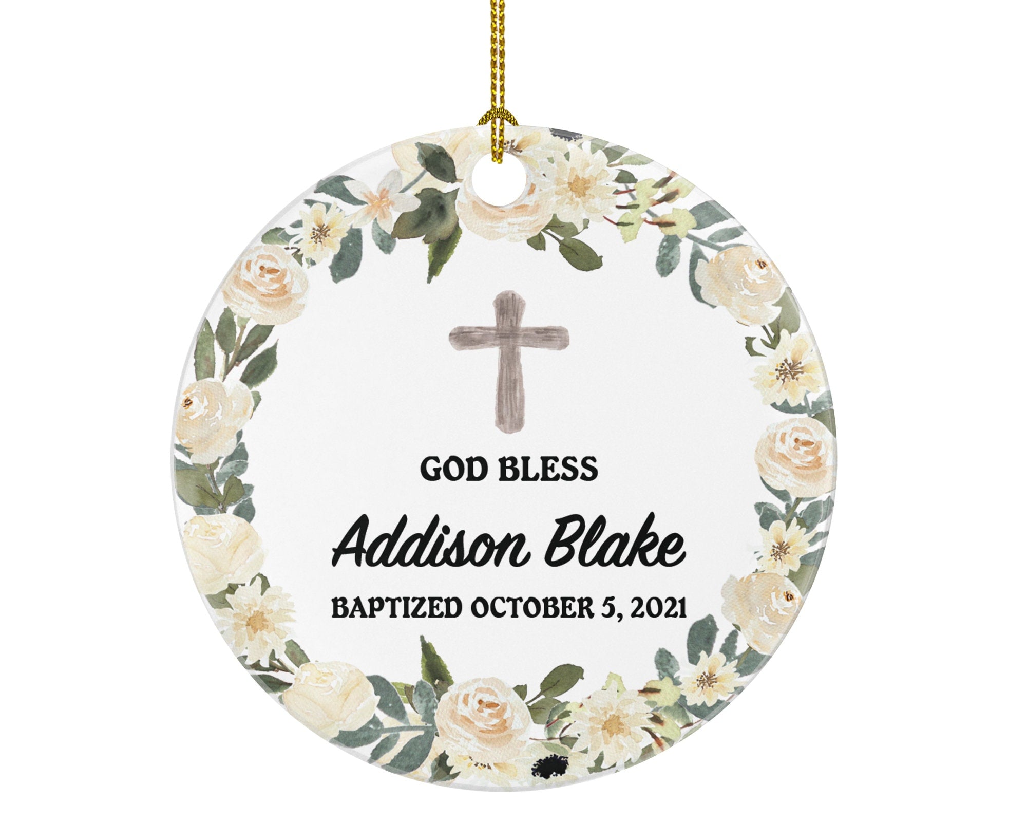 Baptism Ornament God Bless Baby Personalized Gift for Baptize Rustic Baptism Custom Christmas - White Flowers Greenery